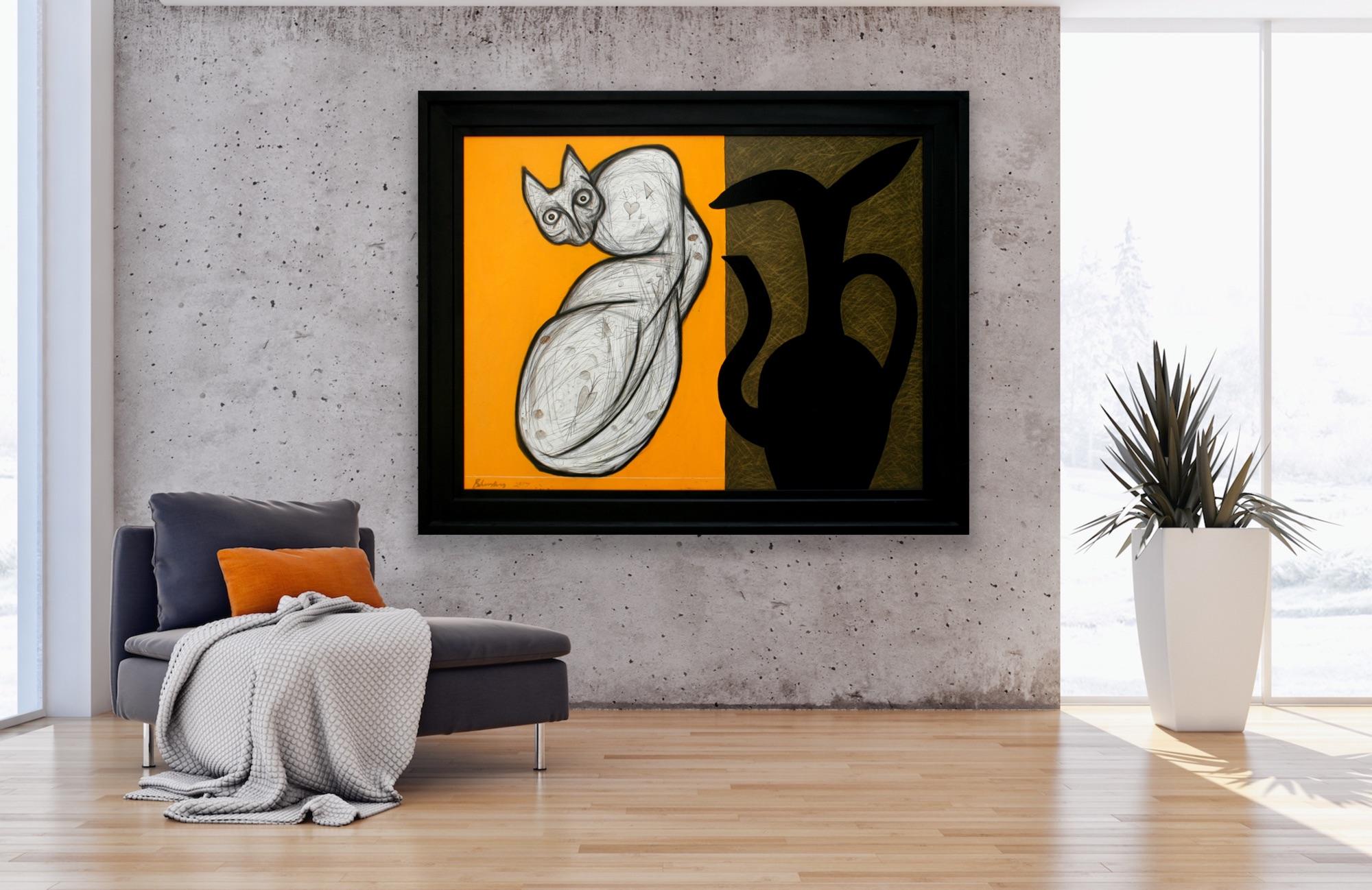 Animal Painting Large Oil Yellow Cat Black Vase Modern Indian Art  For Sale 6