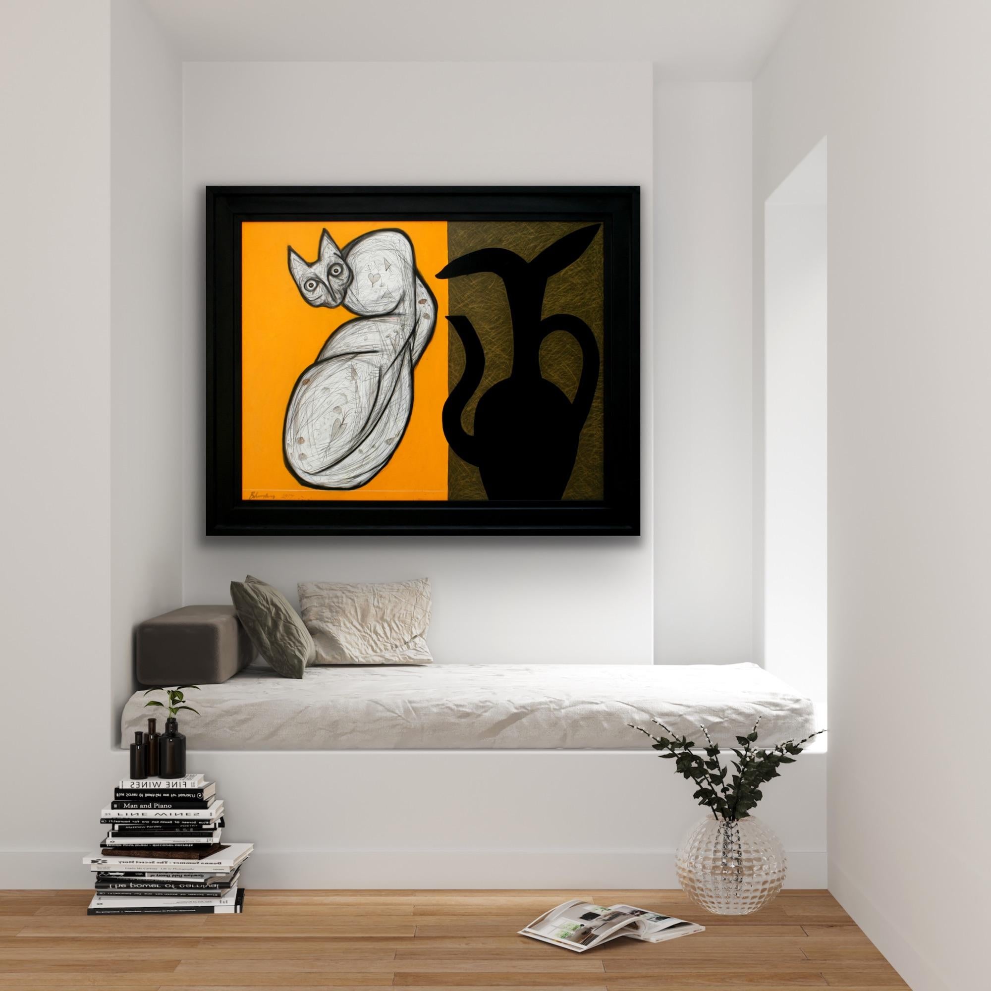 Animal Painting Large Oil Yellow Cat Black Vase Modern Indian Art  For Sale 7
