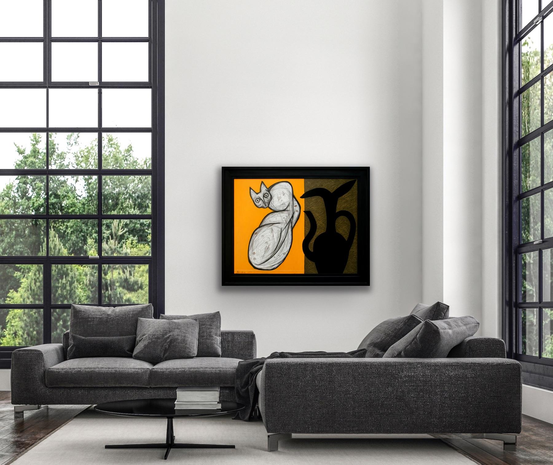 Animal Painting Large Oil Yellow Cat Black Vase Modern Indian Art  For Sale 8