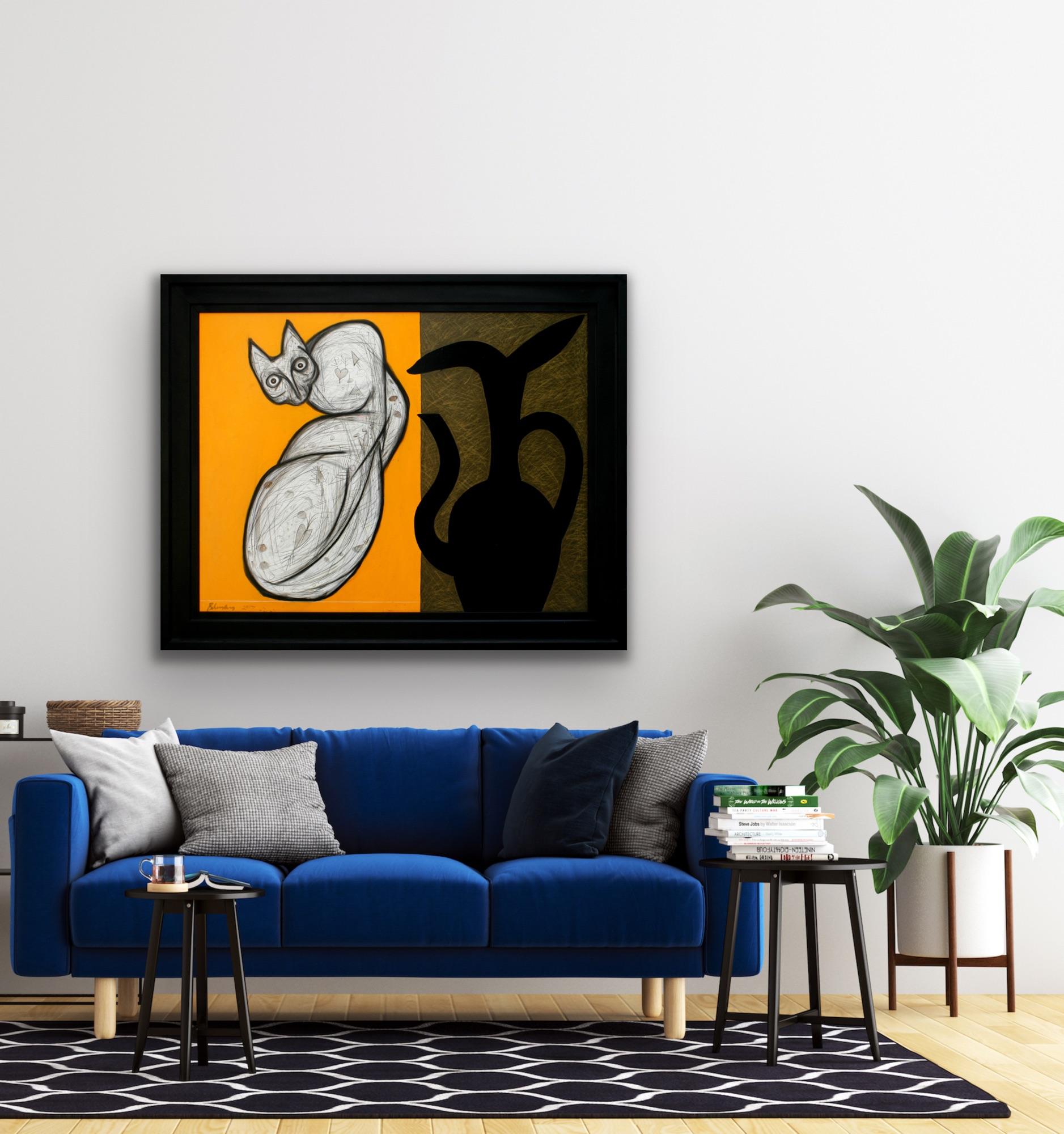 Animal Painting Large Oil Yellow Cat Black Vase Modern Indian Art  For Sale 12