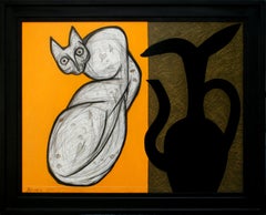 Animal Painting Large Oil Yellow Cat Black Vase Modern Indian Art