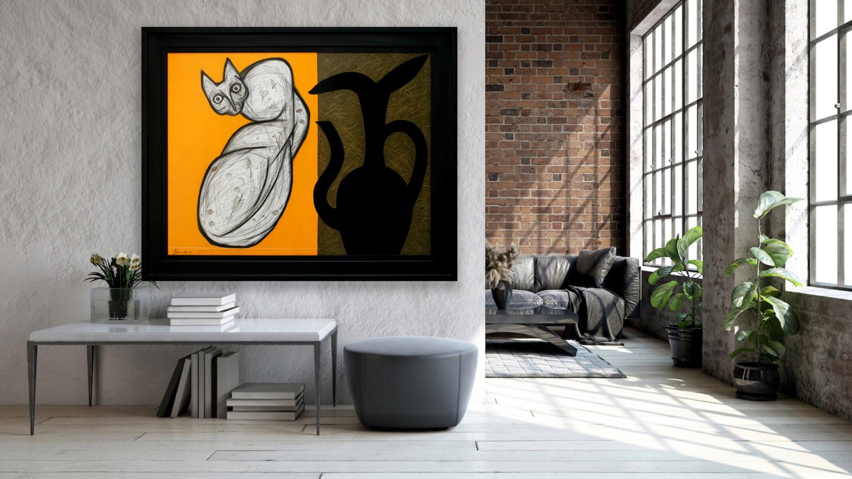 Animal Painting Large Oil Yellow Cat Black Vase Modern Indian Art  For Sale 5