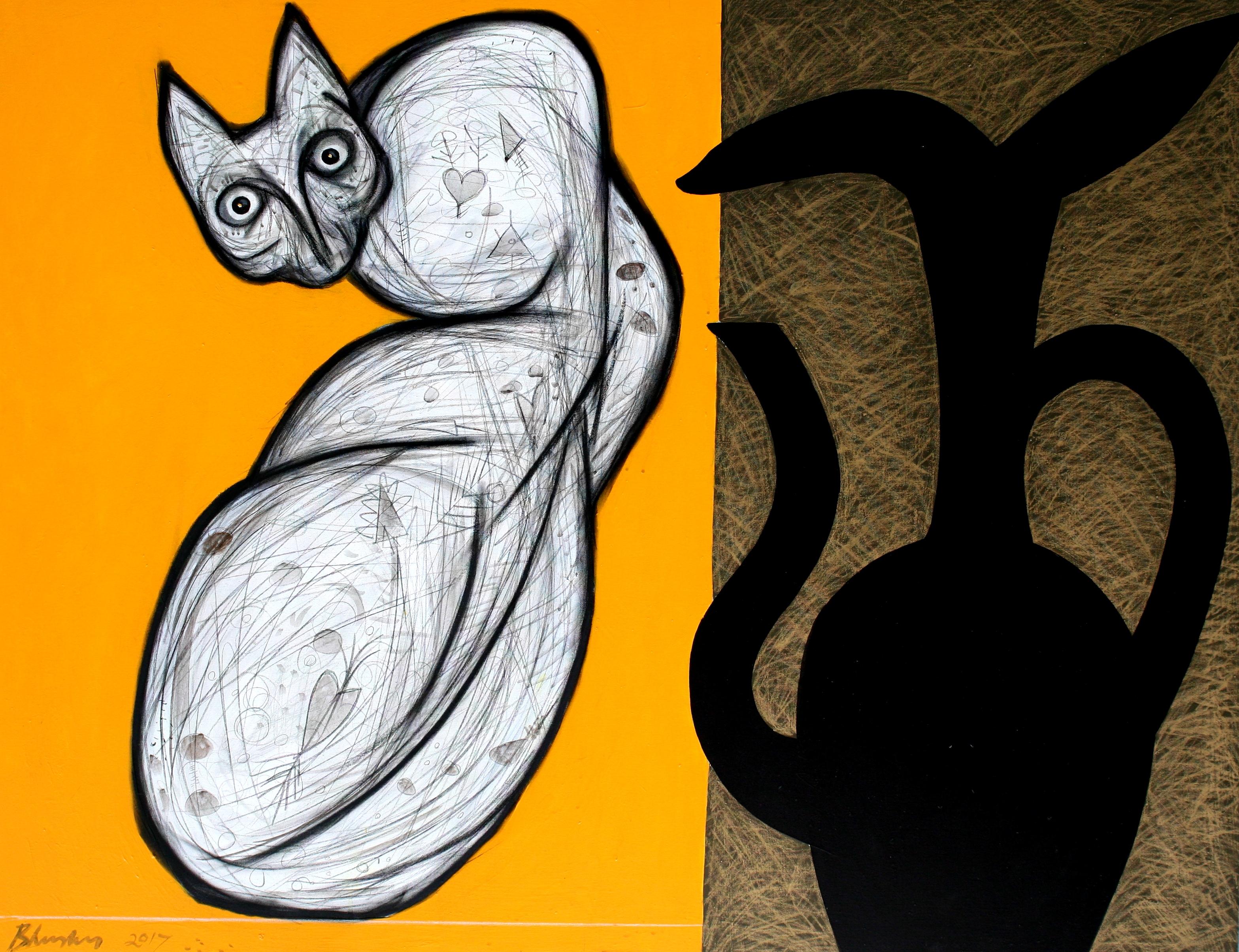 Modern Contemporary Indian Art, Painting on Canvas, Yellow Cat Black Jar, India 