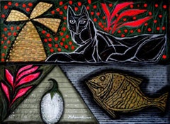 Arte indiana moderna Madras, Gatto, Tecnica mista su tavola, Pittura, Astrazione India