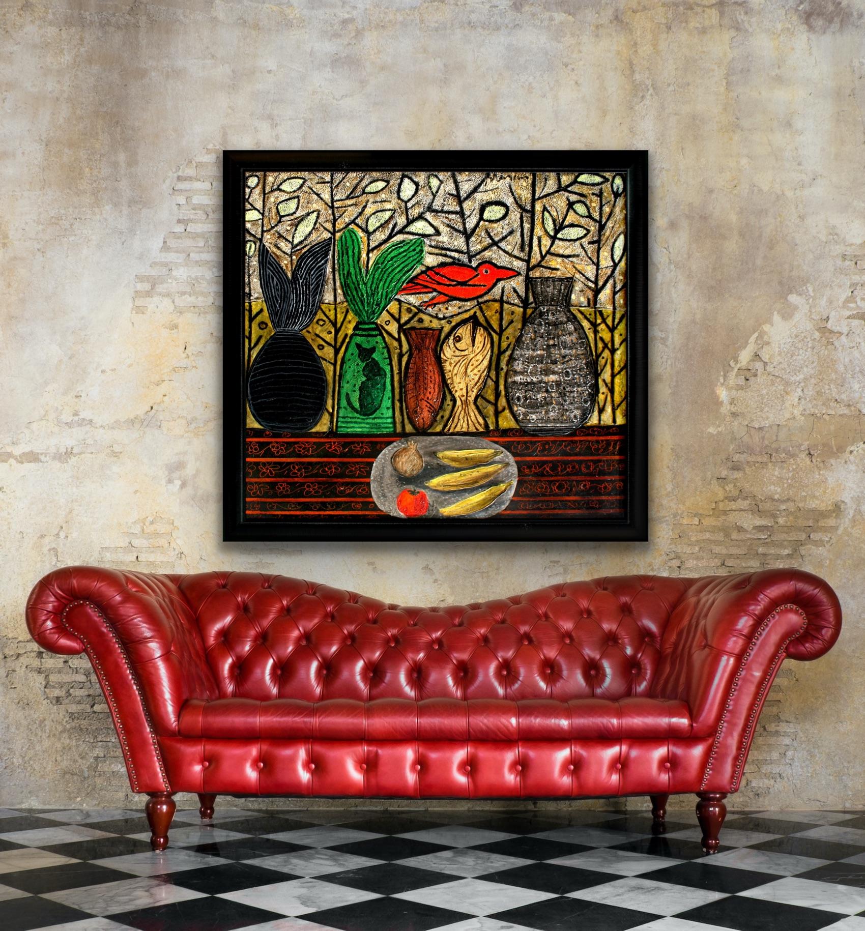 Modern Indian Art Madras, Cat Mixed Media on Canvas Painting, Abstraction India  For Sale 10