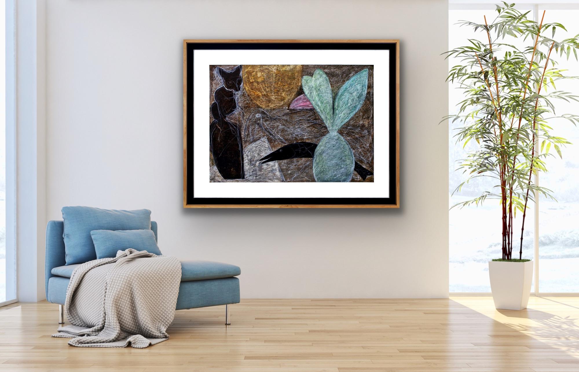 Modern Indian Art, Madras, Cat, Blue, Mixed Media Painting, Abstraction India  For Sale 11