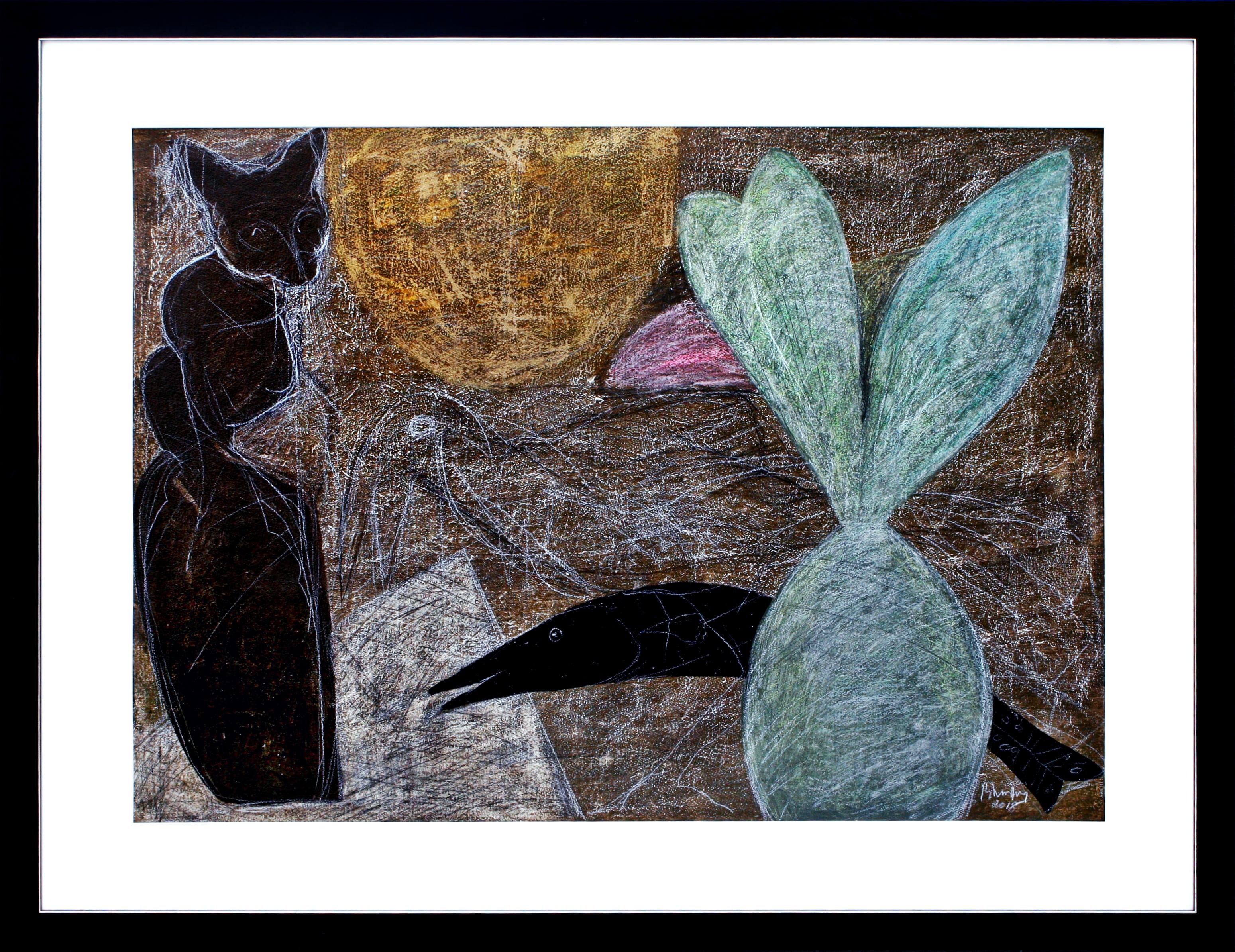 Arte indiana moderna, Madras, Gatto, Blu, Pittura a tecnica mista, Astrazione India - Painting di R B Bhaskaran