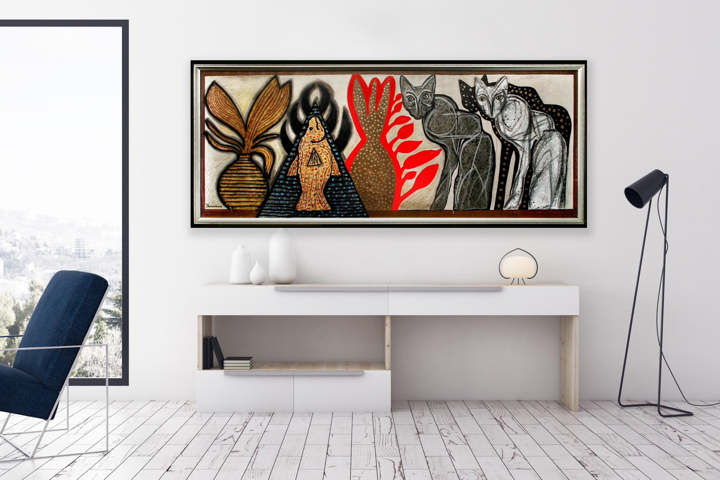 Modern Meets Retro Indian Art Madras, Cool Eclectic Cats Canvas Painting   For Sale 5