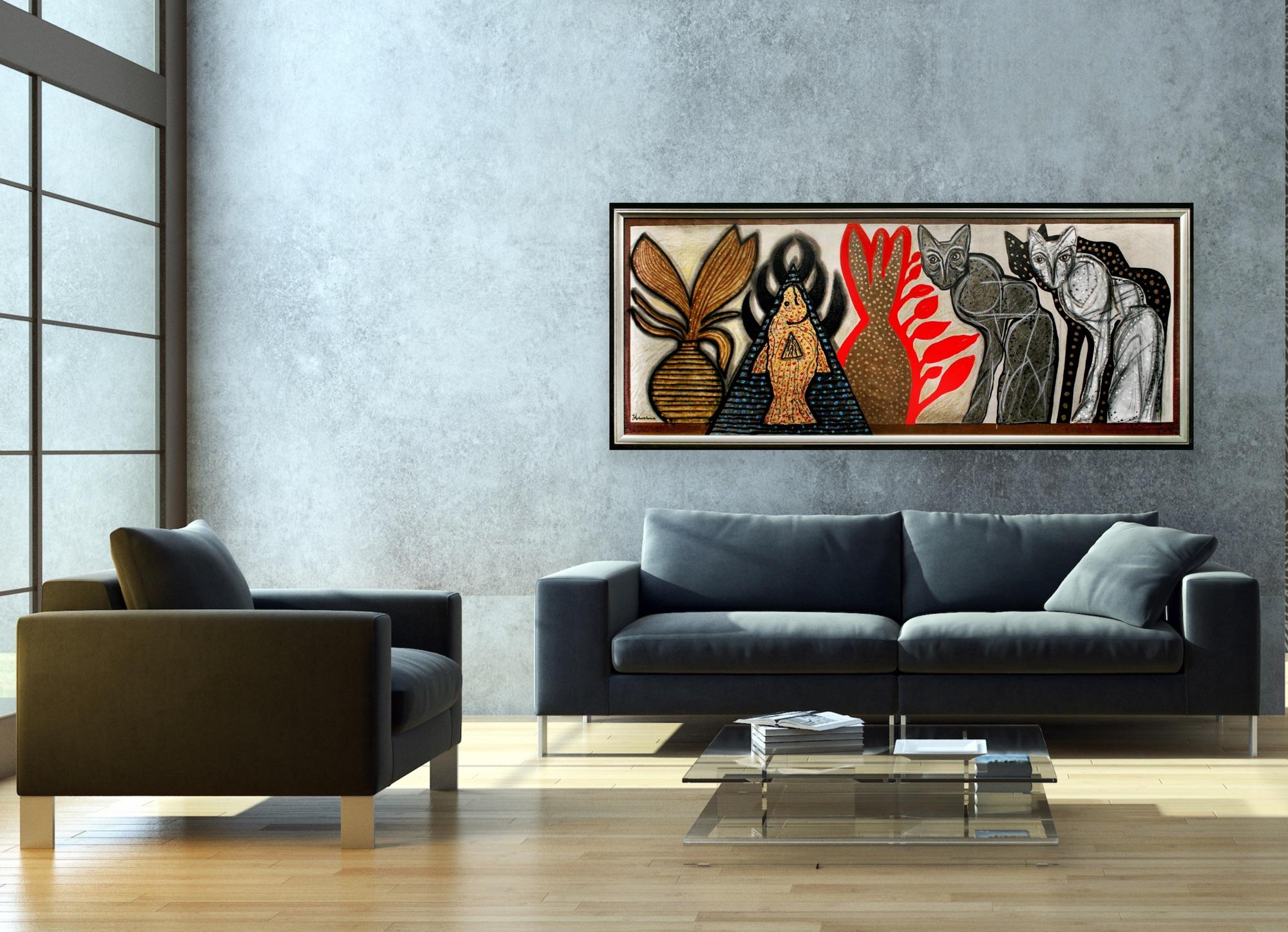 Modern Meets Retro Indian Art Madras, Cool Eclectic Cats Canvas Painting   For Sale 6