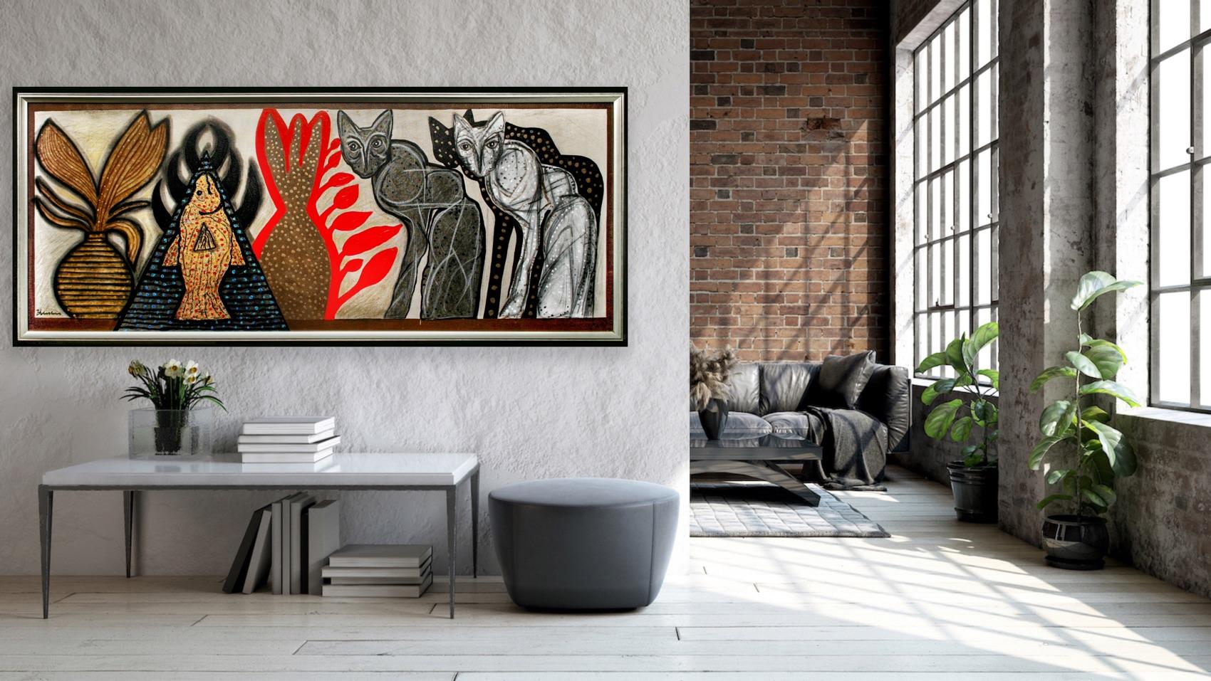 Modern Meets Retro Indian Art Madras, Cool Eclectic Cats Canvas Painting   For Sale 7