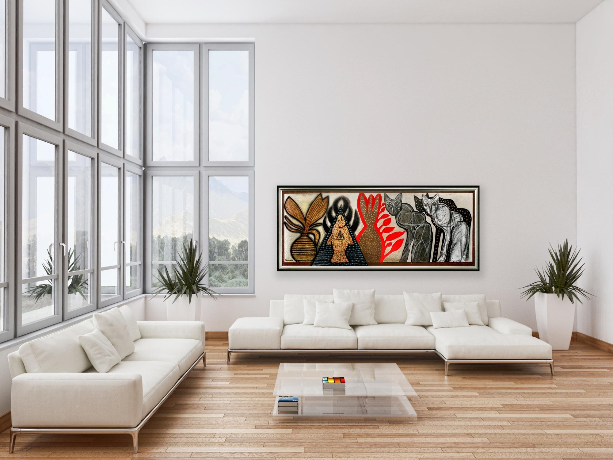 Modern Meets Retro Indian Art Madras, Cool Eclectic Cats Canvas Painting   For Sale 8