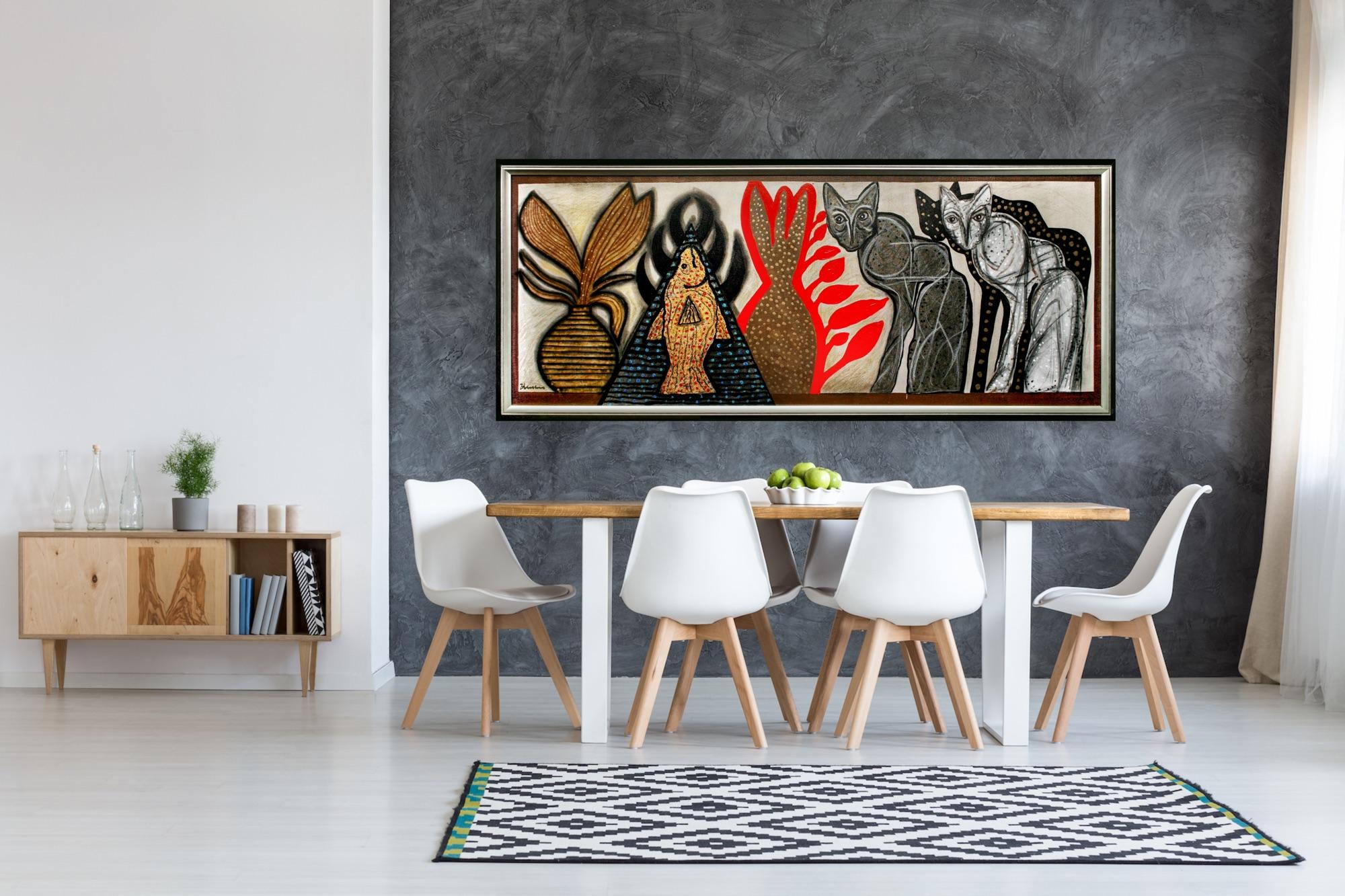 Modern Meets Retro Indian Art Madras, Cool Eclectic Cats Canvas Painting   For Sale 9
