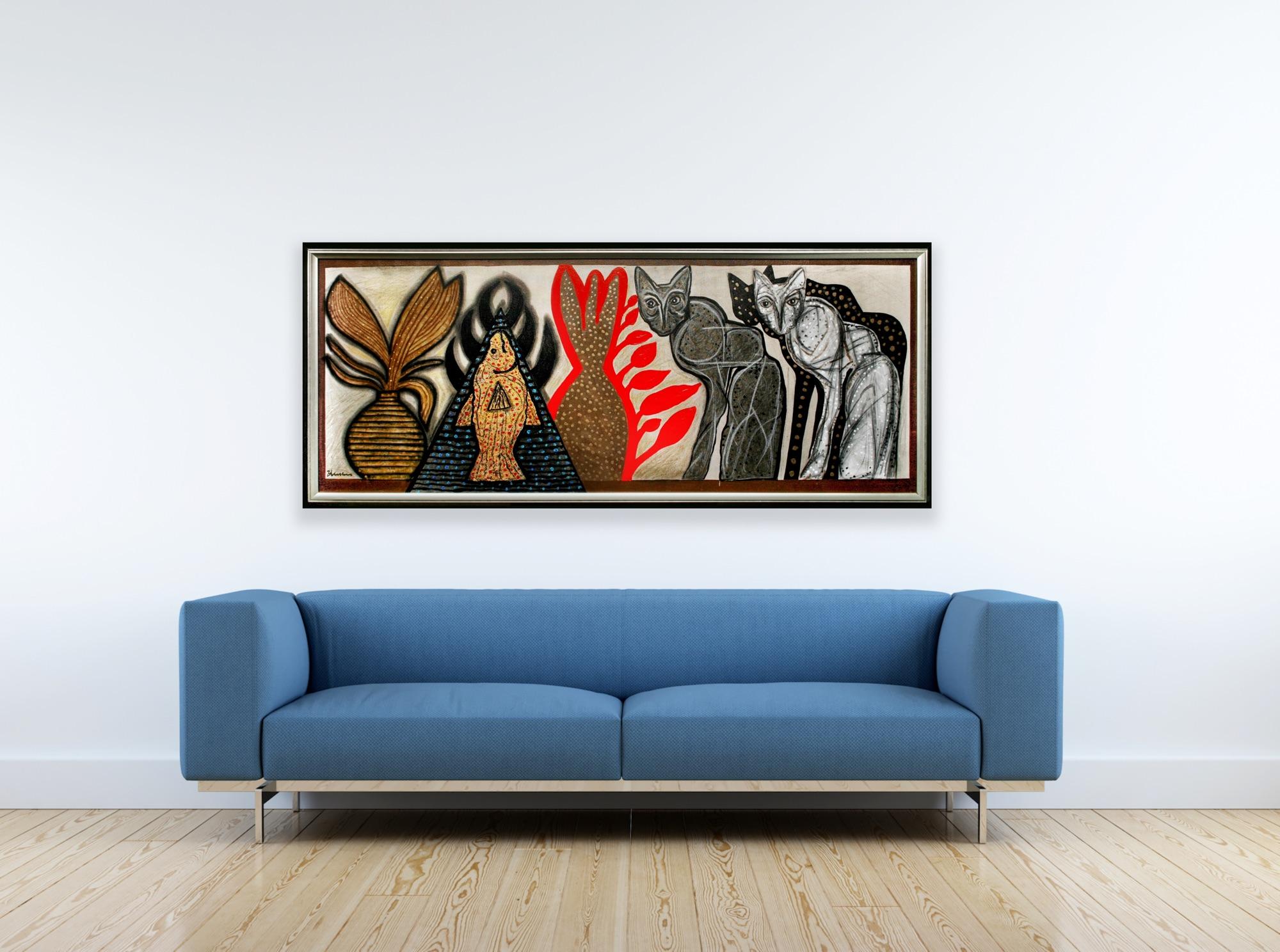 Modern Meets Retro Indian Art Madras, Cool Eclectic Cats Canvas Painting   For Sale 12