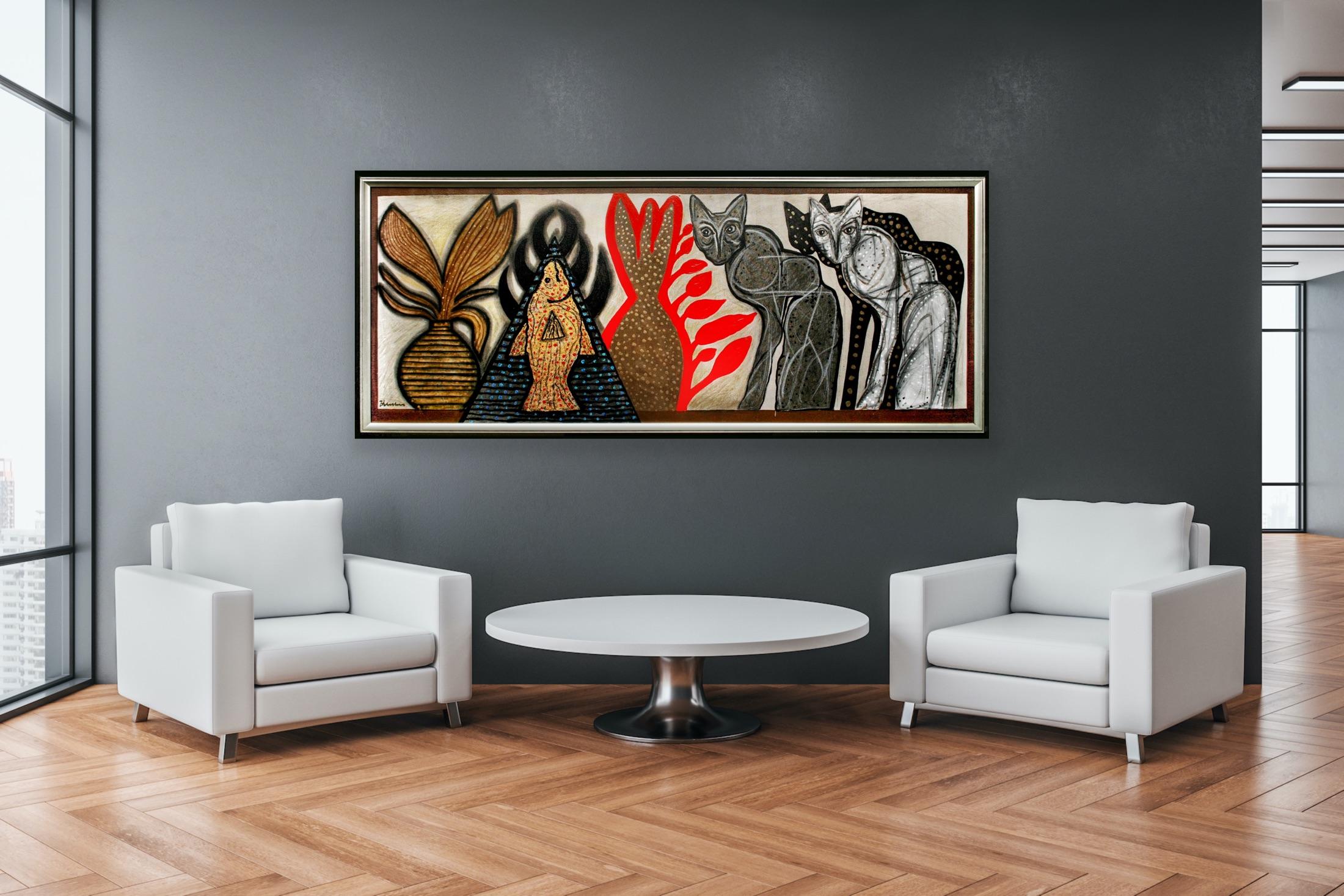 Modern Meets Retro Indian Art Madras, Cool Eclectic Cats Canvas Painting   For Sale 13