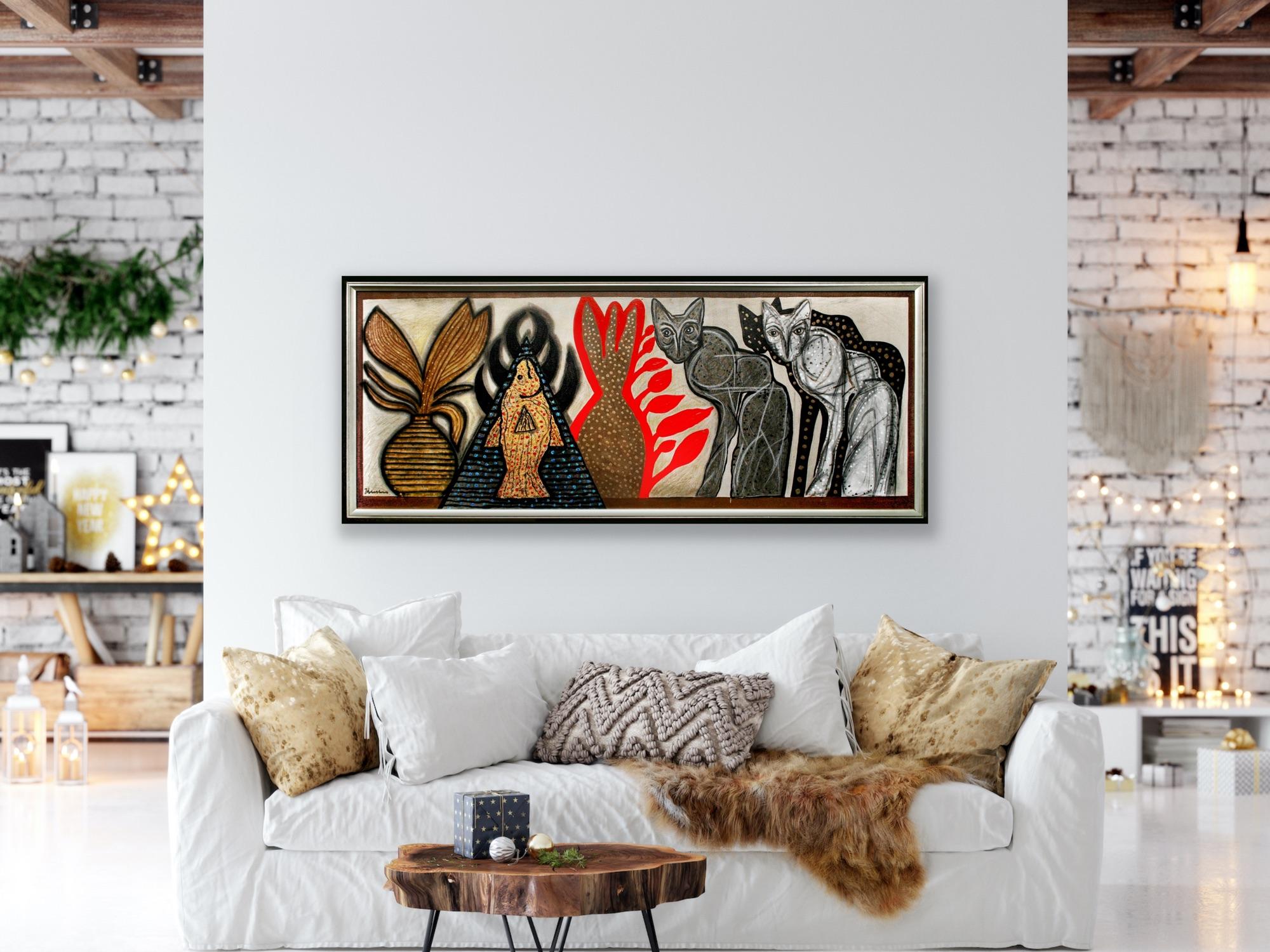 Modern Meets Retro Indian Art Madras, Cool Eclectic Cats Canvas Painting   14