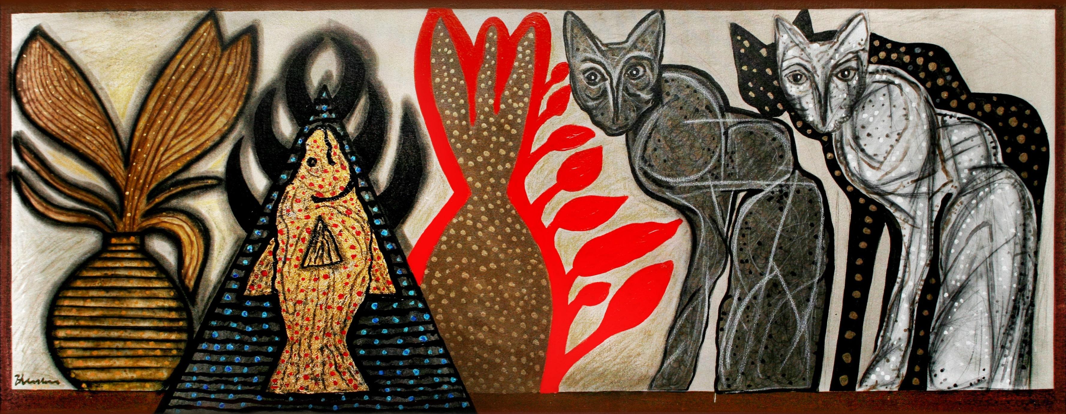 Modern Meets Retro Indian Art Madras, Cool Eclectic Cats Canvas Painting  