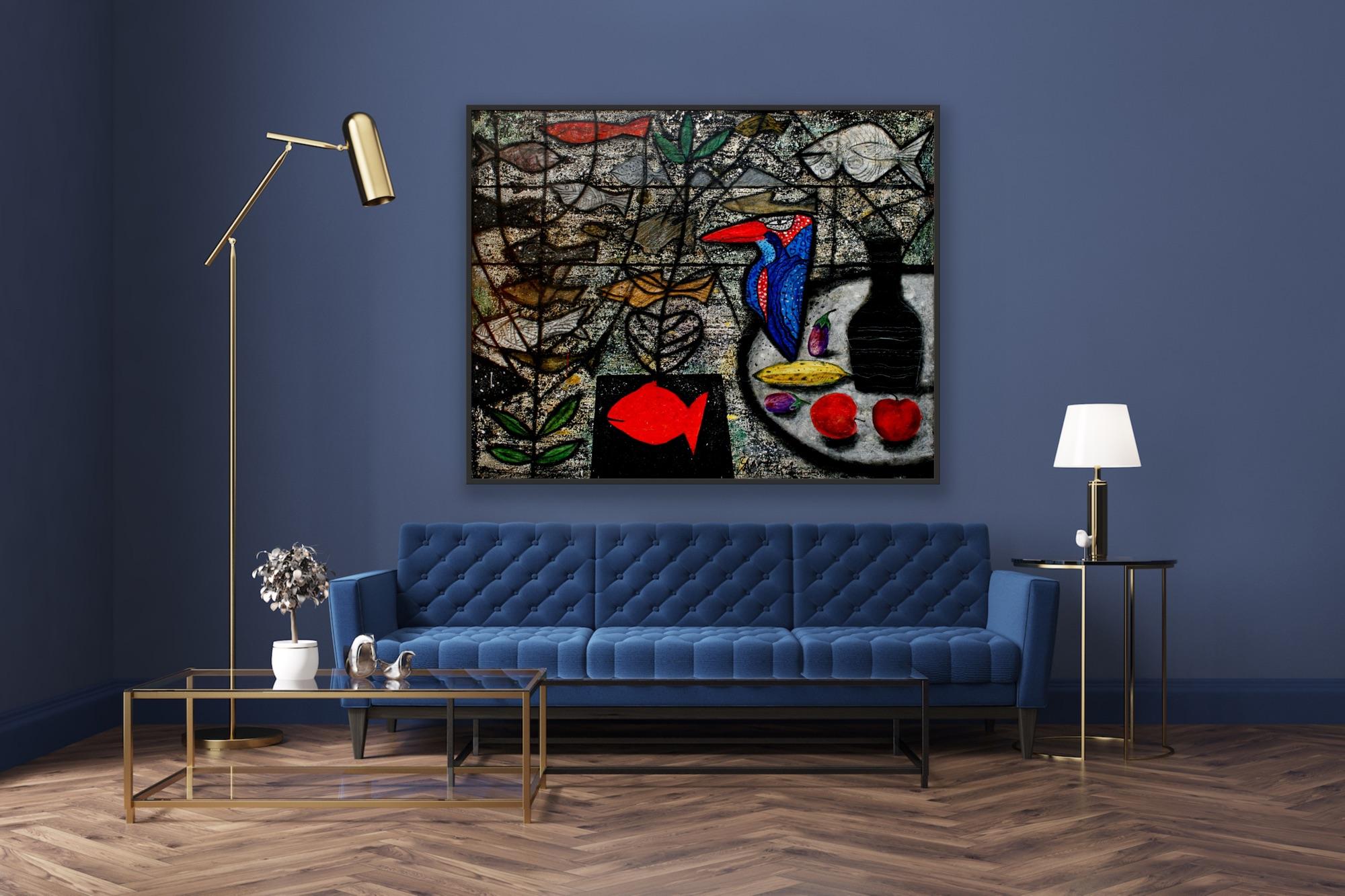 Modern Indian Art Madras, Kingfisher, Painting on Canvas, Abstraction, India For Sale 9