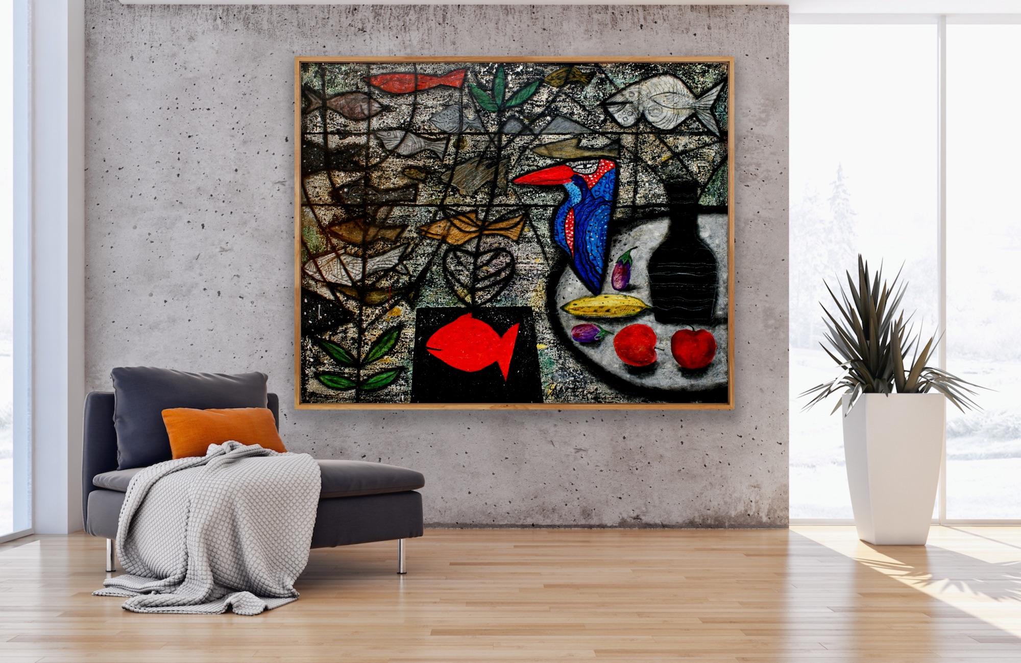 Arte indiana moderna Madras, Martin pescatore, Pittura su tela, Astrazione, India 9