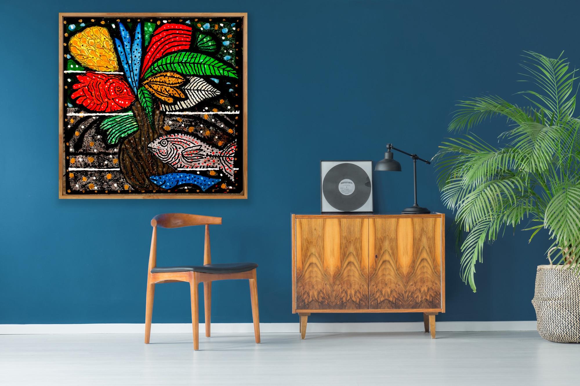 Arte indiana moderna Madras, tecnica mista su tela Pittura, Astrazione, India 12