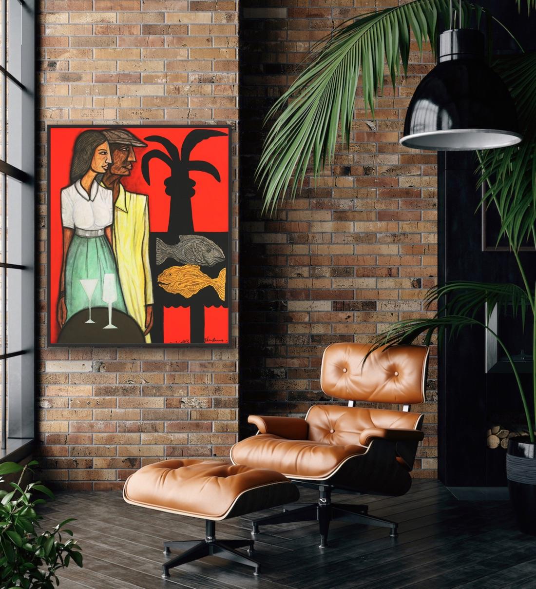 Arte indiana moderna Madras, Pittura su tela, Coppia, Astrazione, India 4