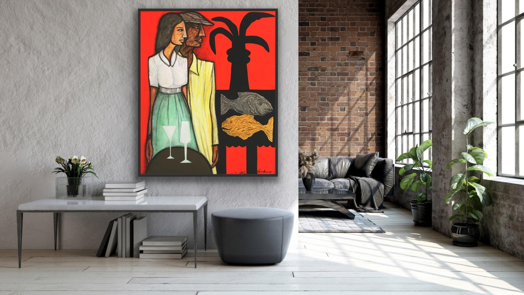 Arte indiana moderna Madras, Pittura su tela, Coppia, Astrazione, India 5