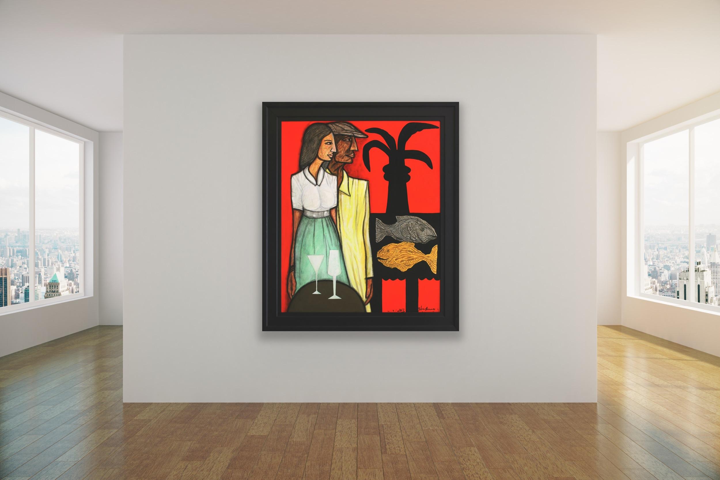 Arte indiana moderna Madras, Pittura su tela, Coppia, Astrazione, India 6