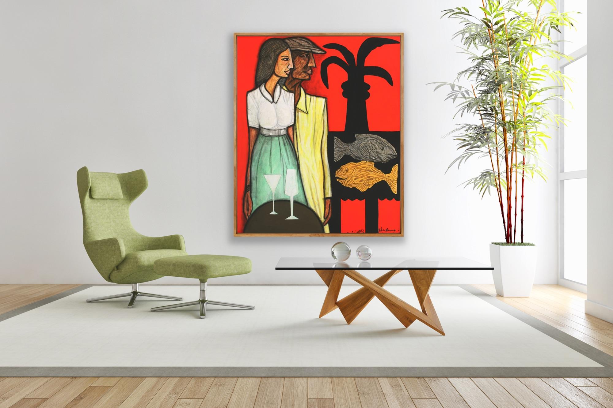 Arte indiana moderna Madras, Pittura su tela, Coppia, Astrazione, India 7