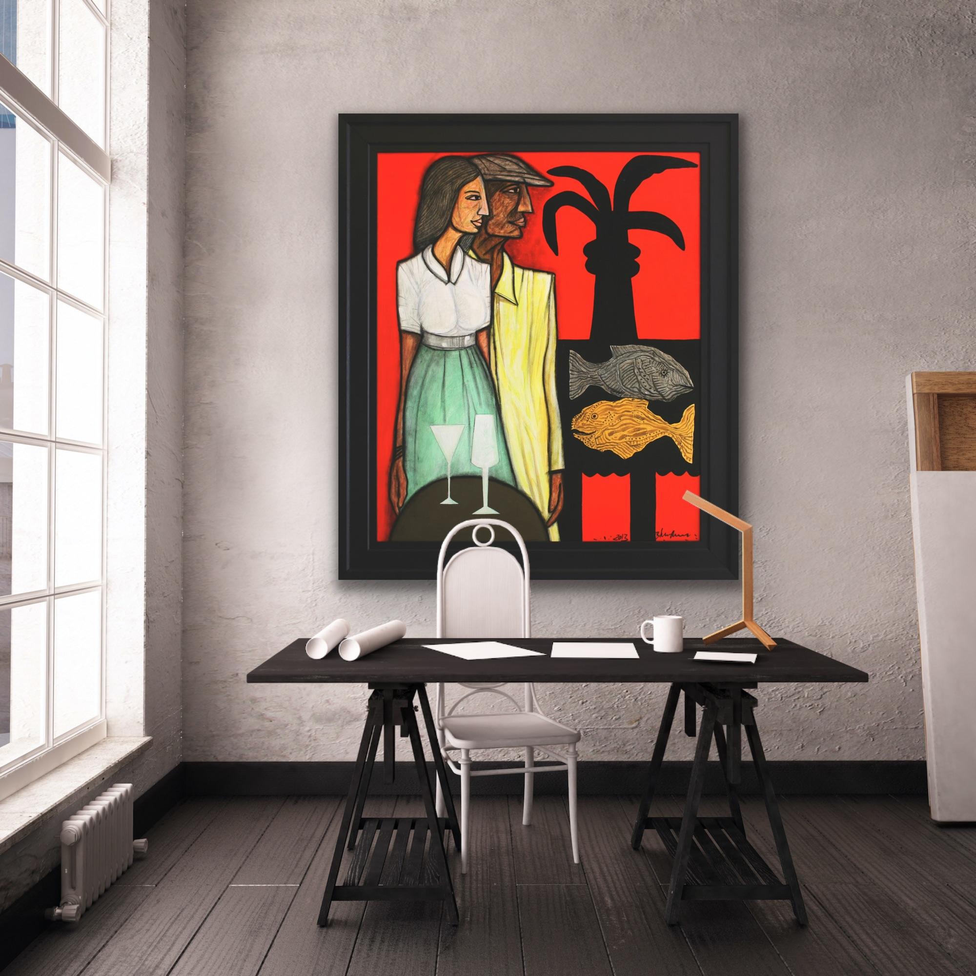 Arte indiana moderna Madras, Pittura su tela, Coppia, Astrazione, India 8