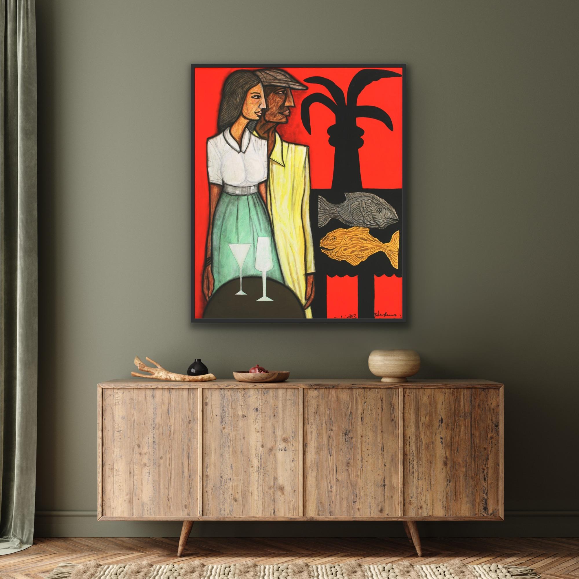 Arte indiana moderna Madras, Pittura su tela, Coppia, Astrazione, India 9