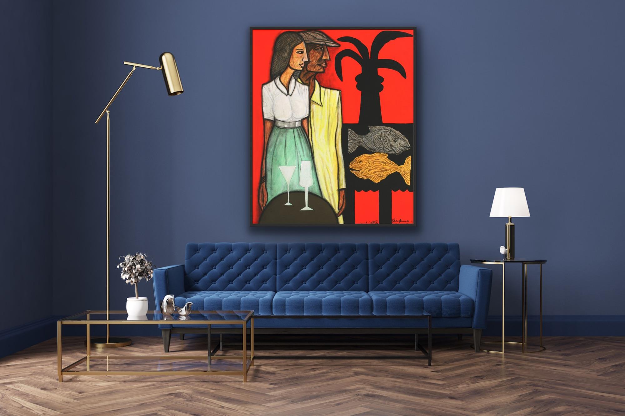 Arte indiana moderna Madras, Pittura su tela, Coppia, Astrazione, India 11