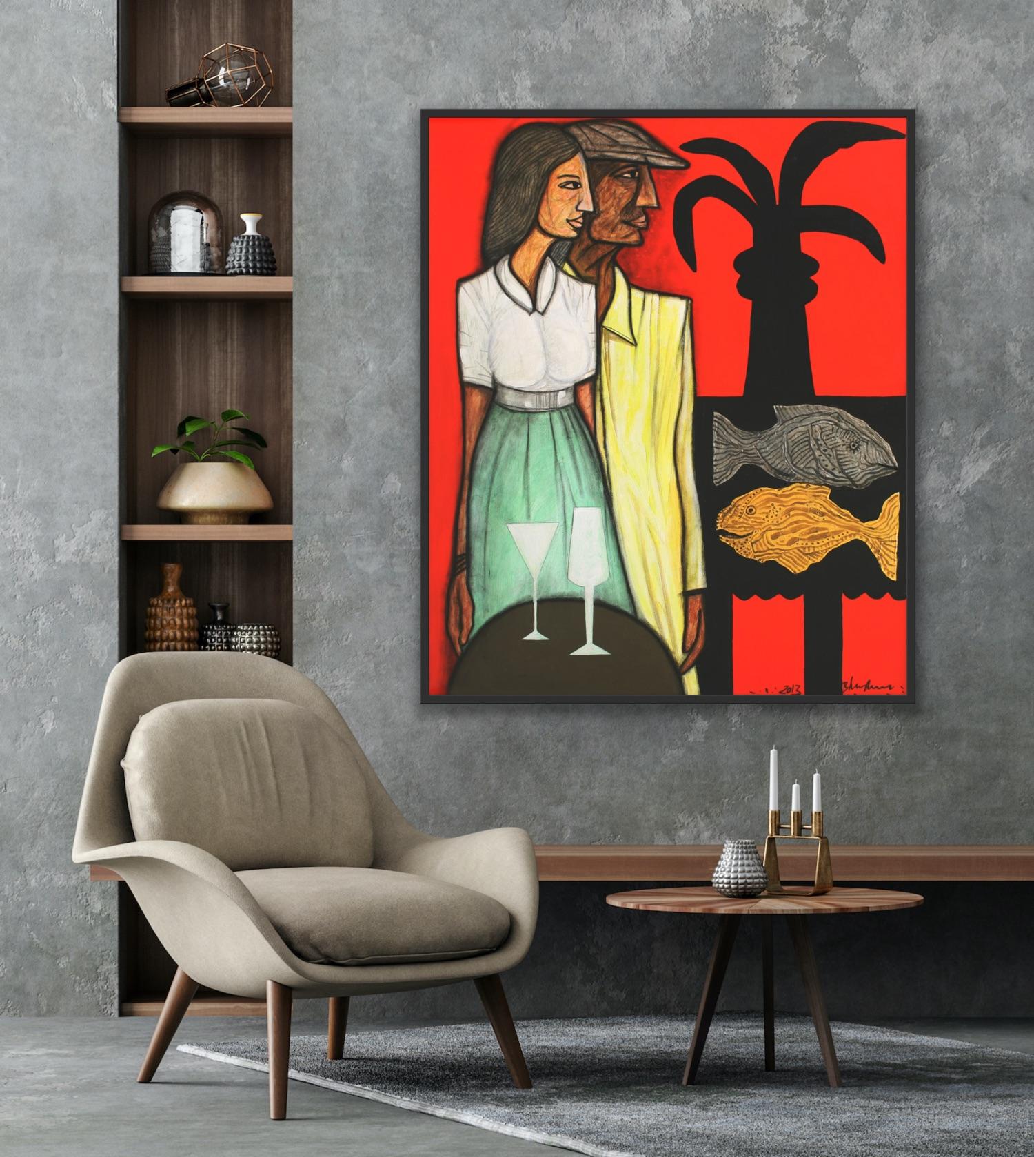 Arte indiana moderna Madras, Pittura su tela, Coppia, Astrazione, India 2