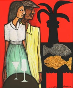 Arte indiana moderna Madras, Pittura su tela, Coppia, Astrazione, India