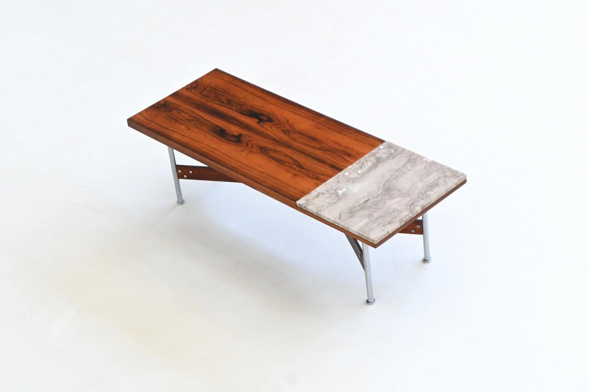 Acier R. I. B. Glatzel table basse en bois de rose et marbre Fristho Pays-Bas 1962 en vente
