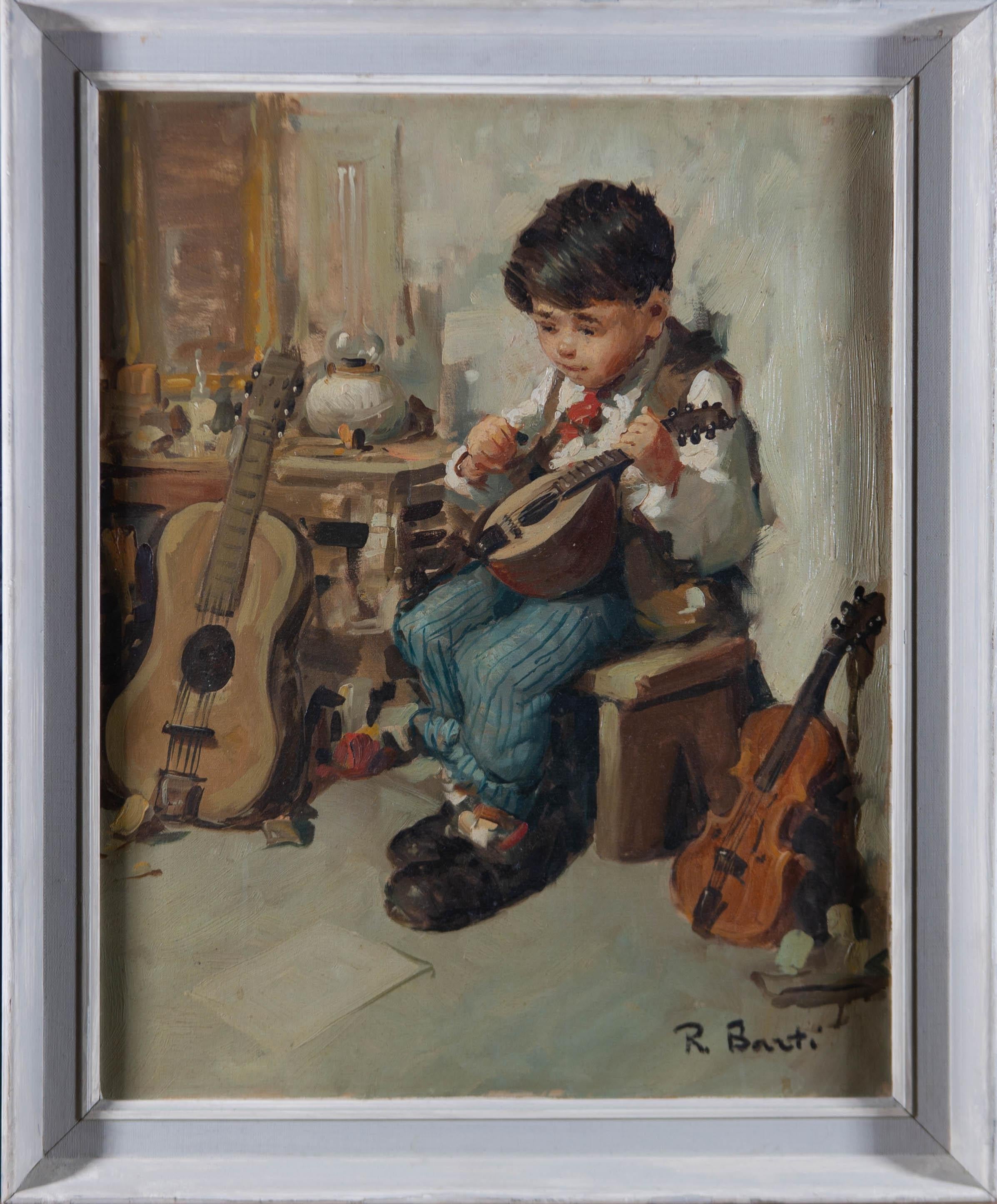 Soft impastos and a warm palette portray a wholesome image of a young boy and his mandolin. The artwork provides a heartwarming atmosphere and is well presented in a distressed white wood frame with a linen slip. Signed in the bottom right-hand