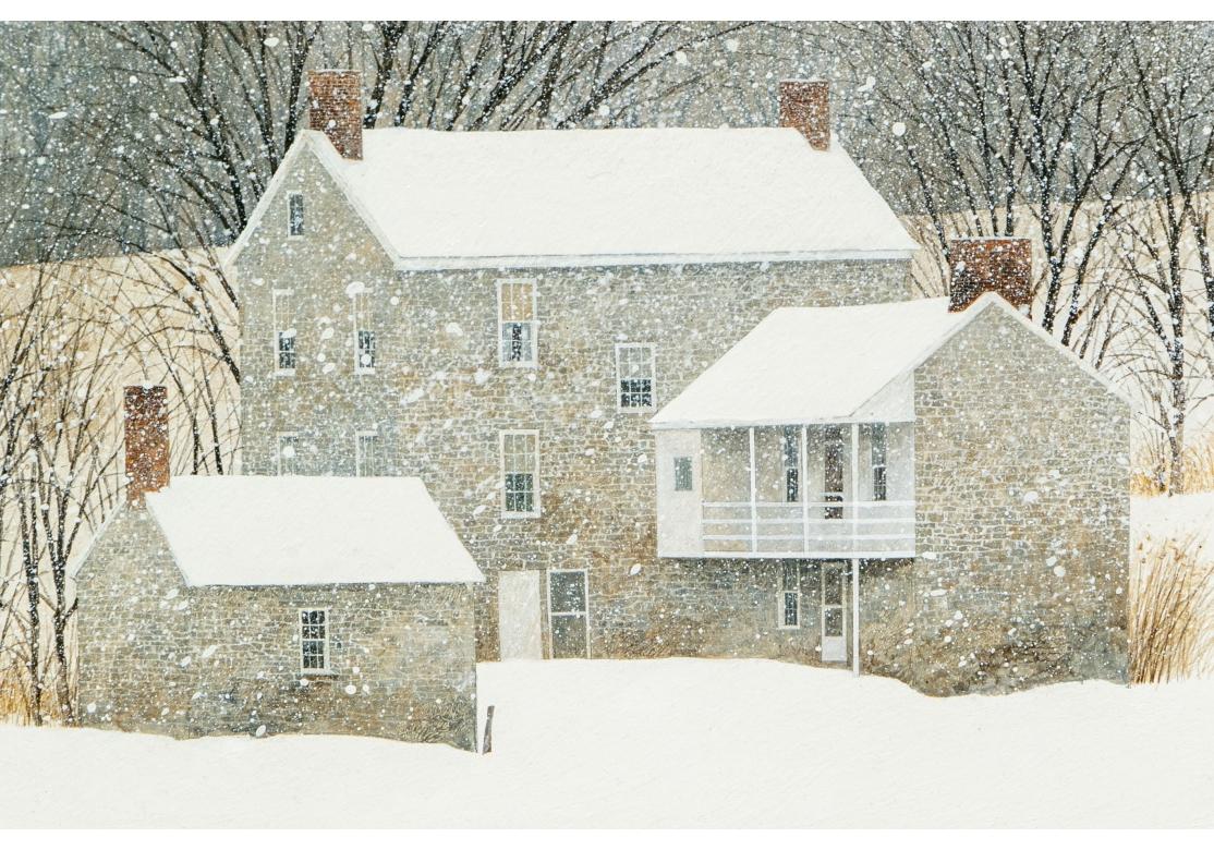 Signed lower right. Four gray houses in a snow filled country landscape with fences and leaf-less trees. With a gray sky above. 
Measures: 16 x 40