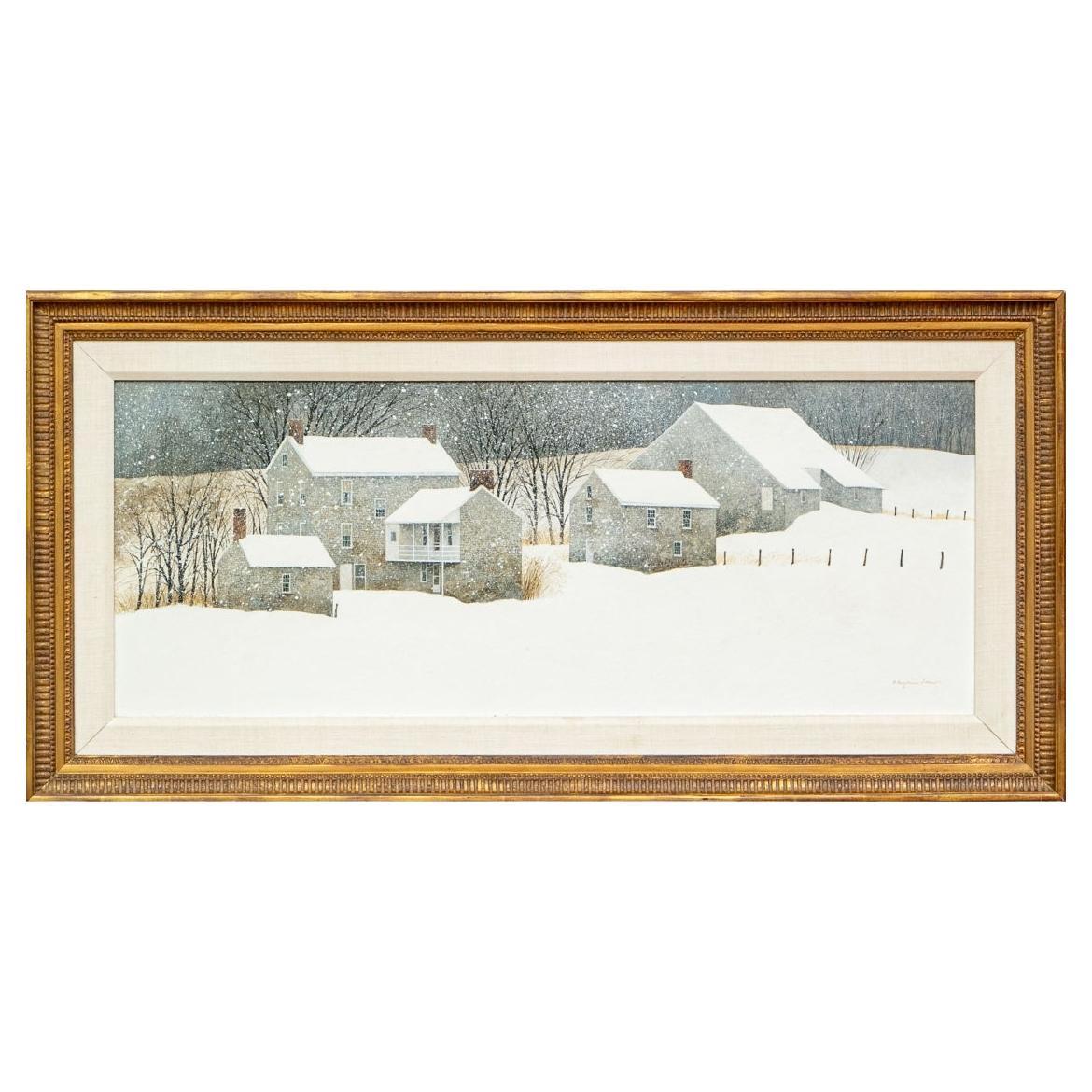 R. Benjamin Jones 'Am., 1936-2017' Olio su tavola, Case in un paesaggio innevato