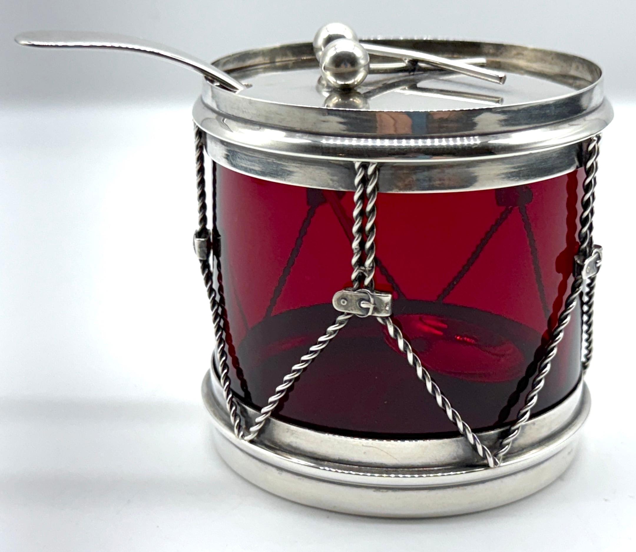 R. Blackinton & Co. Sterling & Red Glass Drum Condiment Jar & Serving Spoon 2