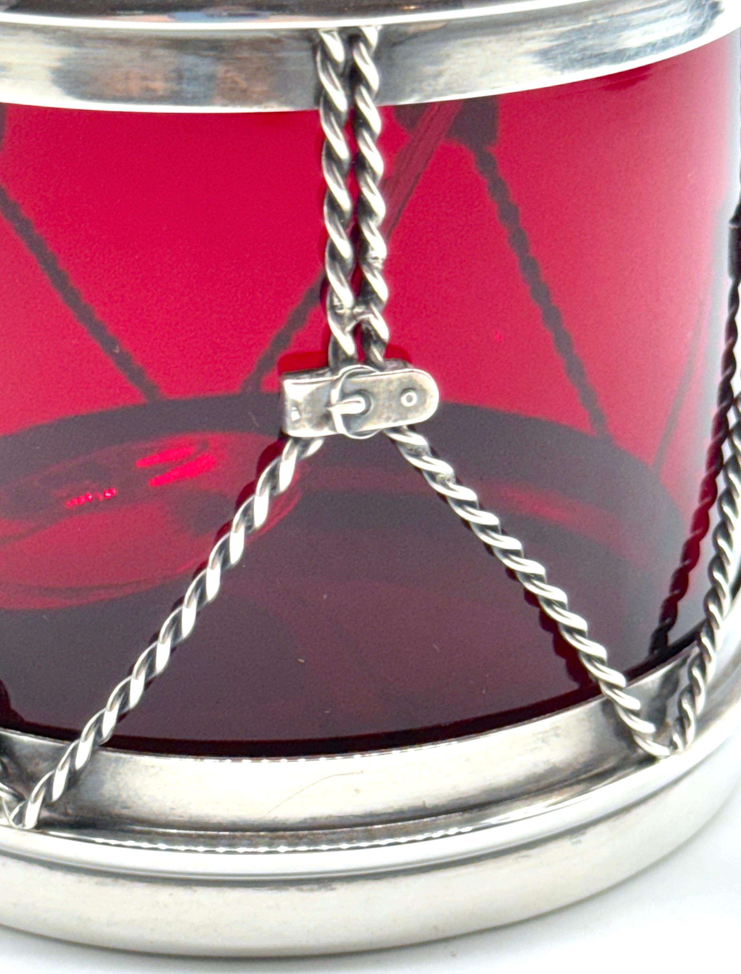 R. Blackinton & Co. Sterling & Red Glass Drum Condiment Jar & Serving Spoon 3