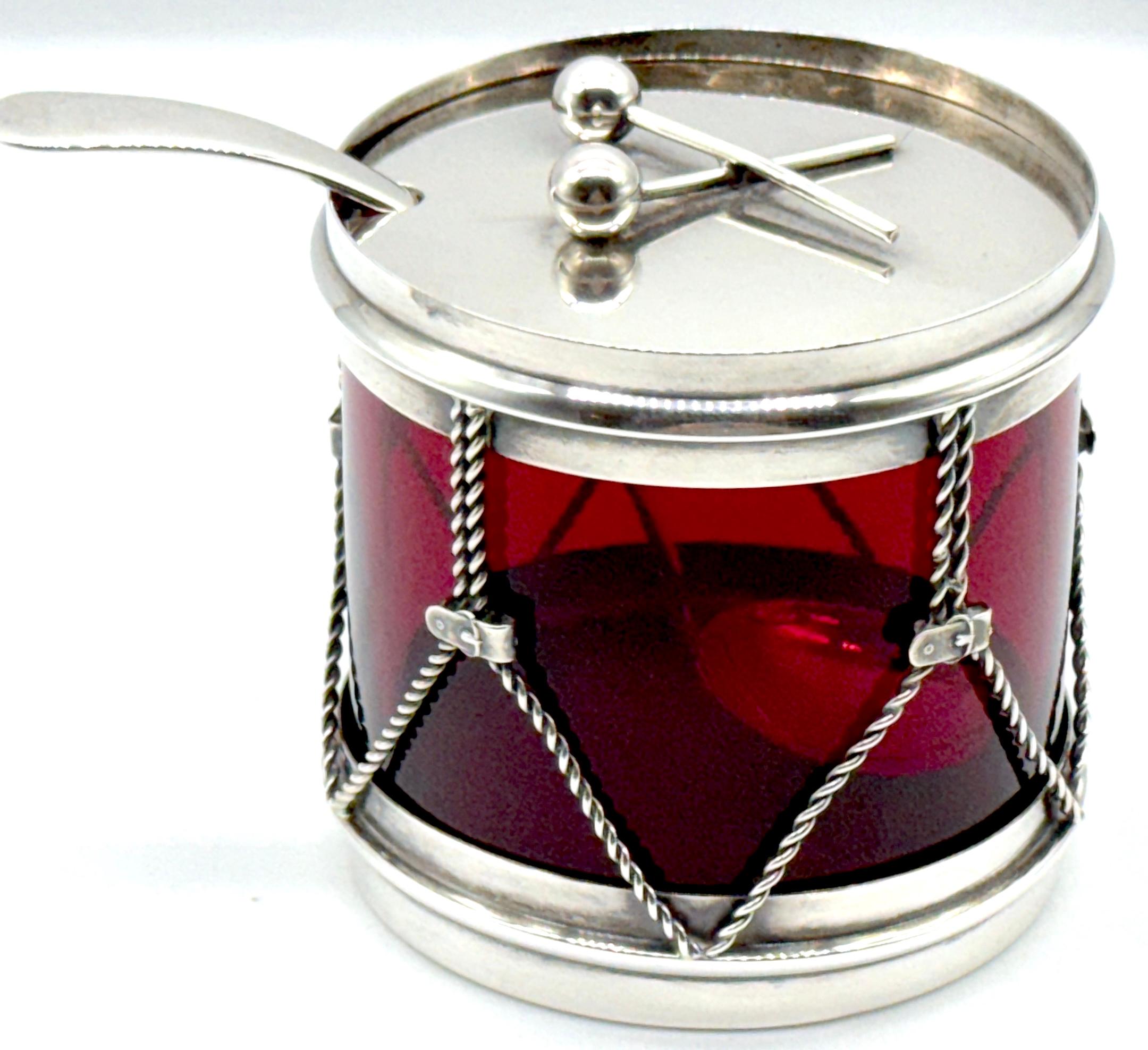 Neoclassical R. Blackinton & Co. Sterling & Red Glass Drum Condiment Jar & Serving Spoon
