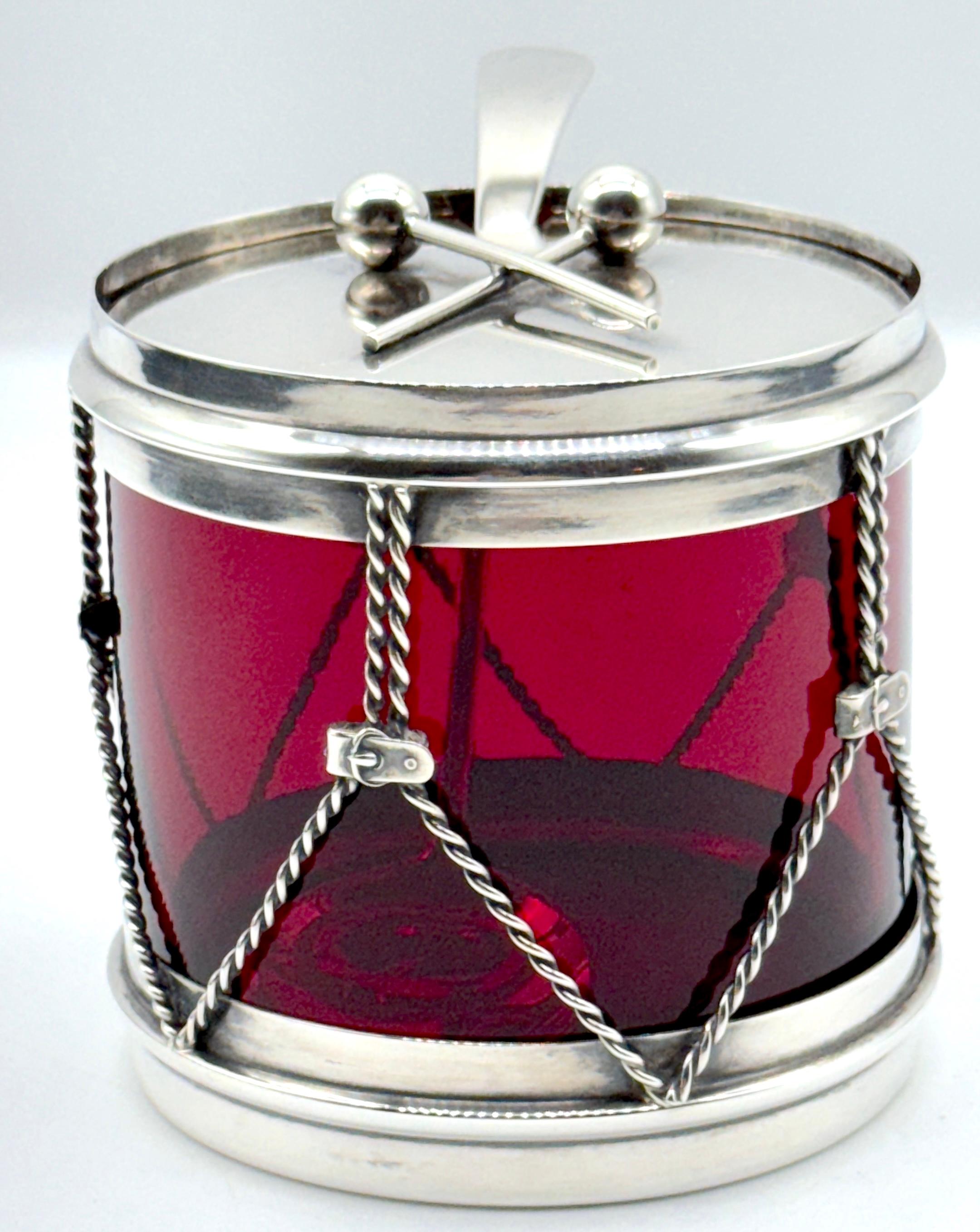 American R. Blackinton & Co. Sterling & Red Glass Drum Condiment Jar & Serving Spoon