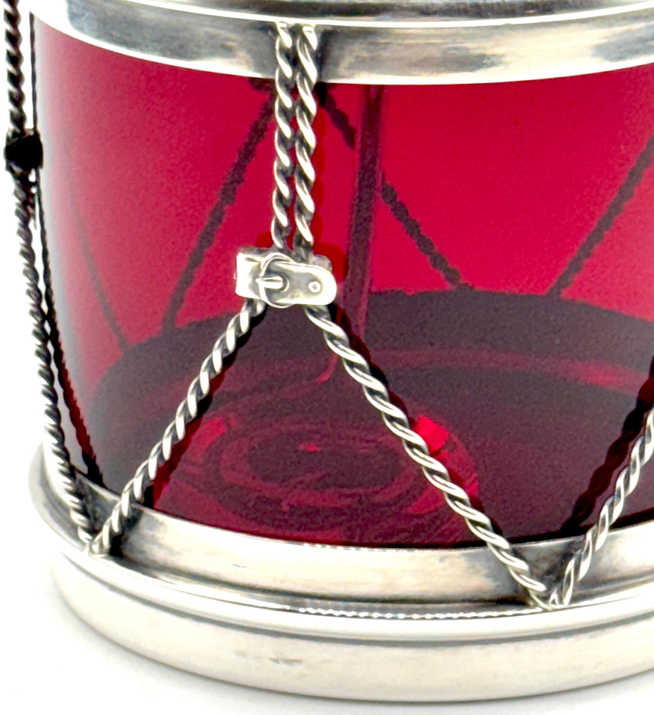 Cast R. Blackinton & Co. Sterling & Red Glass Drum Condiment Jar & Serving Spoon