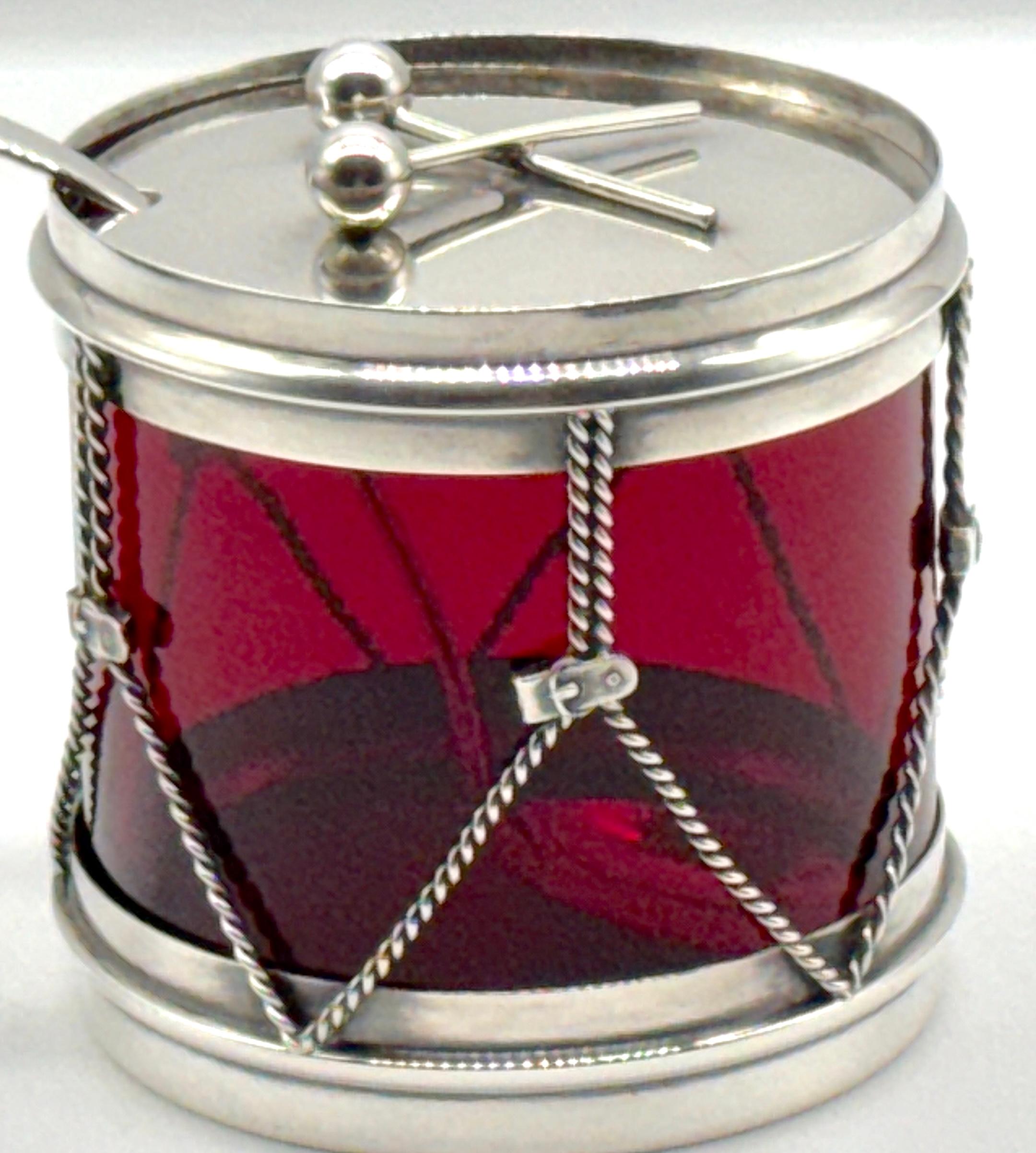 R. Blackinton & Co. Sterling & Red Glass Drum Condiment Jar & Serving Spoon In Good Condition In West Palm Beach, FL