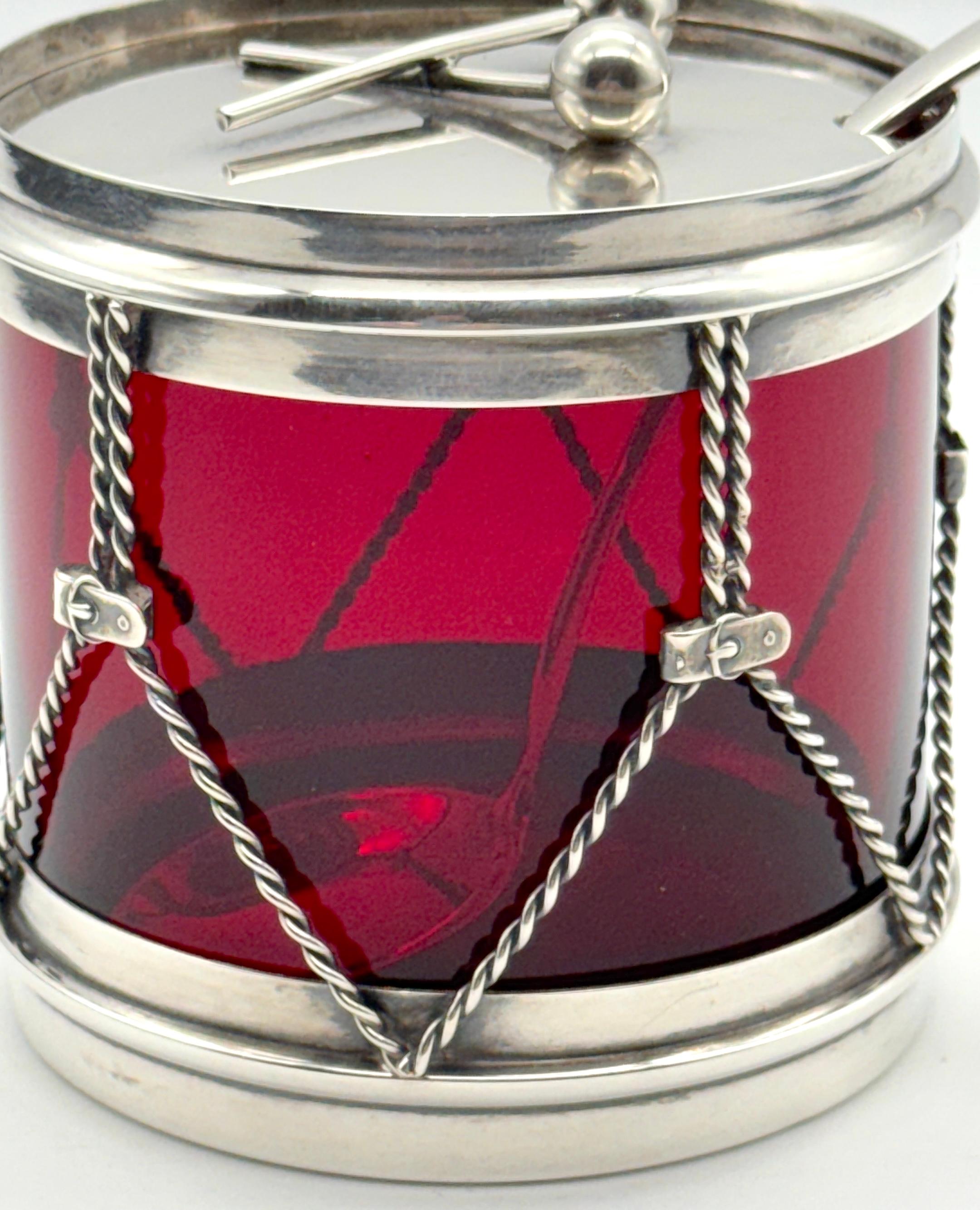 Sterling Silver R. Blackinton & Co. Sterling & Red Glass Drum Condiment Jar & Serving Spoon