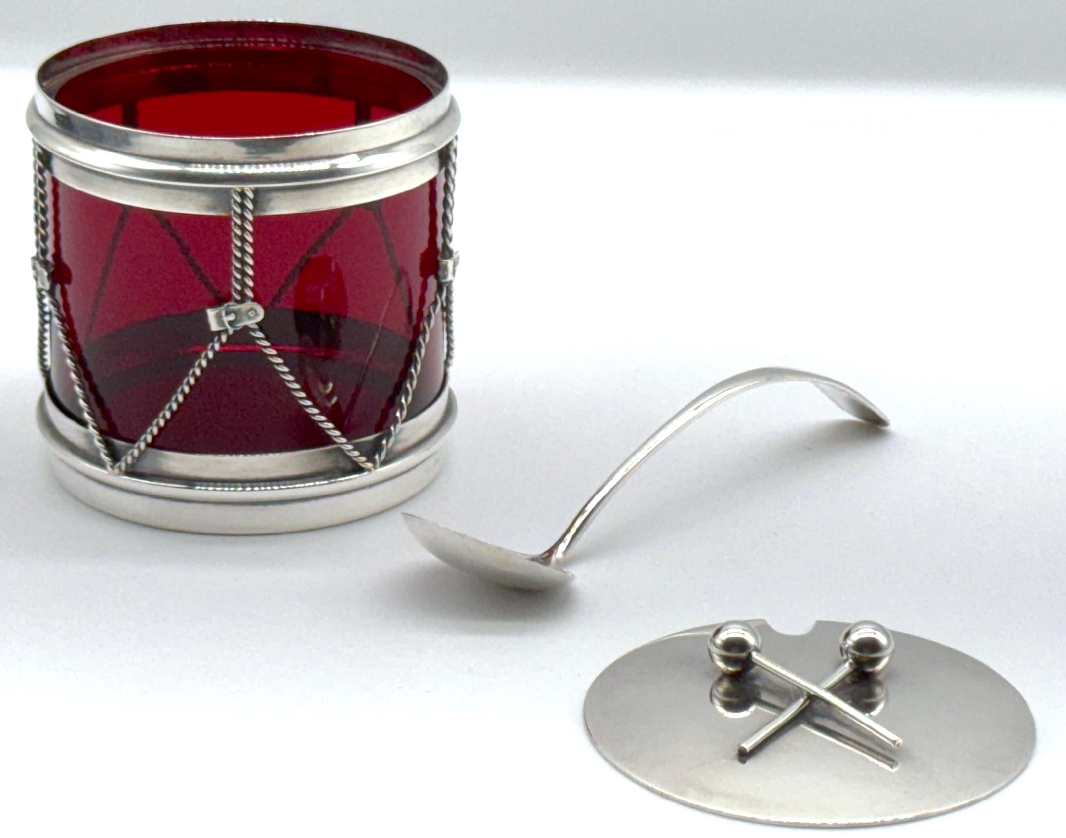 R. Blackinton & Co. Sterling & Red Glass Drum Condiment Jar & Serving Spoon 1