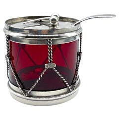 Vintage R. Blackinton & Co. Sterling & Red Glass Drum Condiment Jar & Serving Spoon