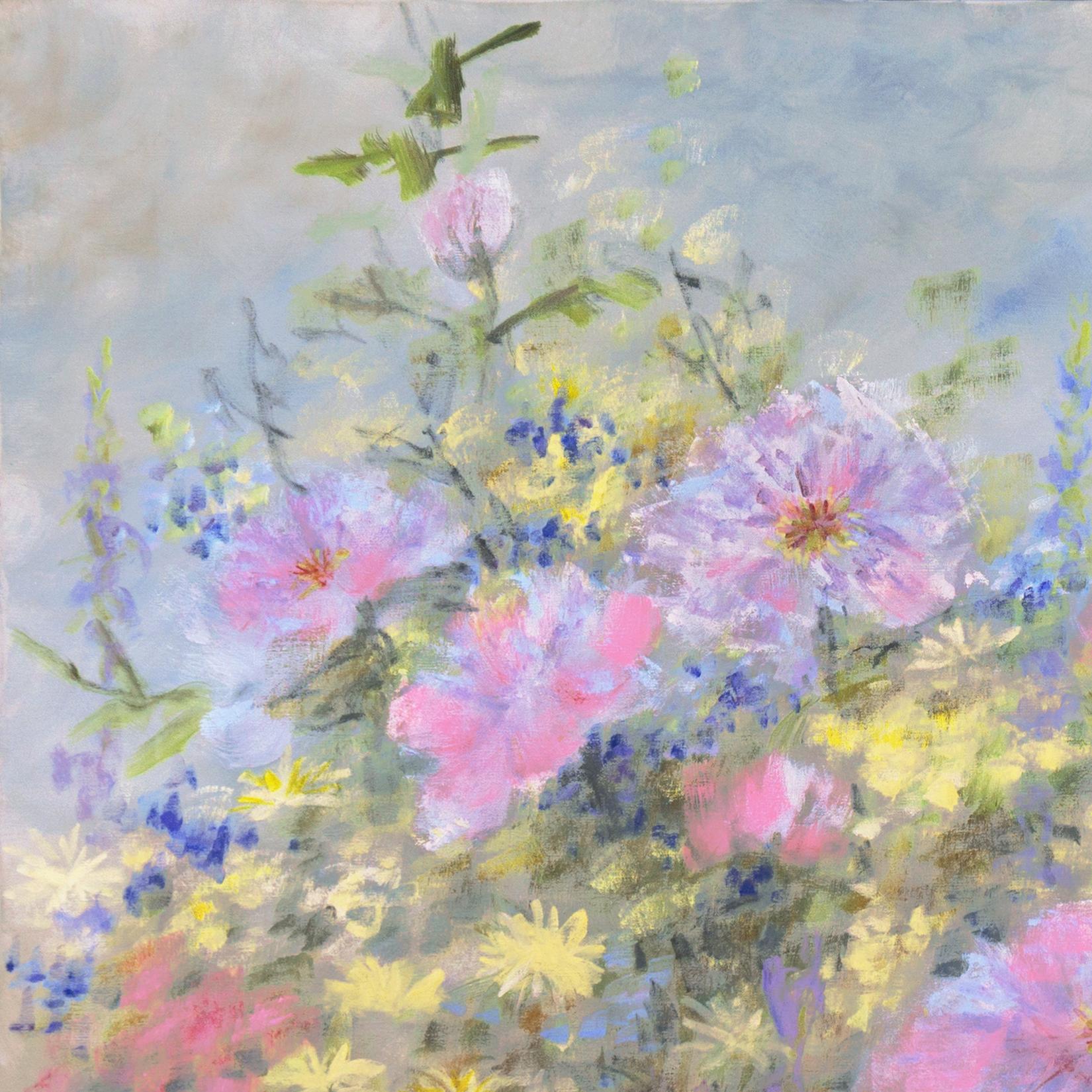 Signed lower right, 'R. Bothwell' (American, 20th century) and painted circa 1975.
Framed dimensions: 37 x 1.5 x 49 inches.  

A substantial, American Impressionist oil landscape showing a variety of wild flowers blooming beneath clouded blue skies.