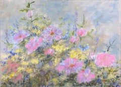 Vintage 'Summer's Day, Wildflowers in the Breeze', American Impressionist Landscape Oil