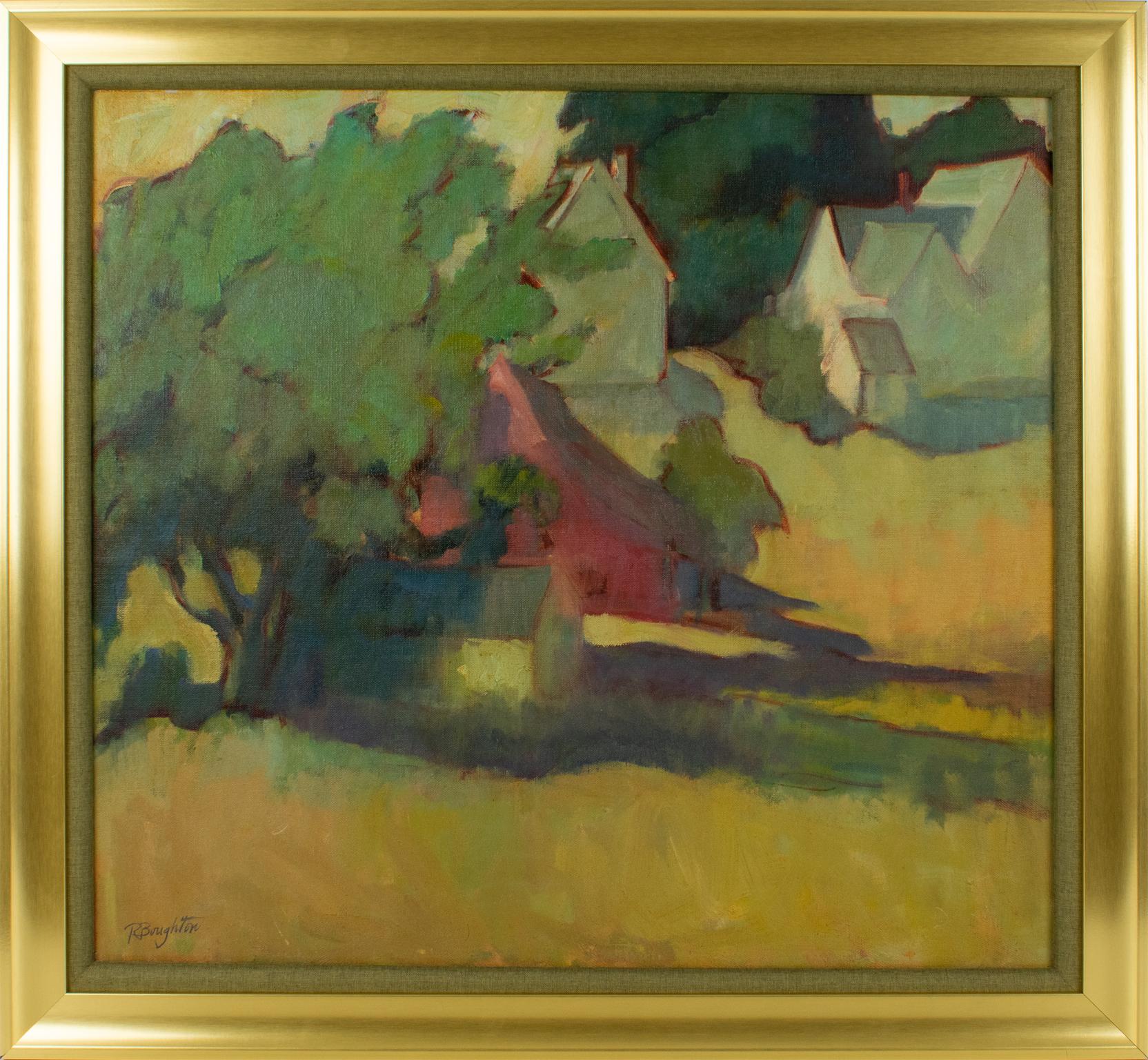 This elegant oil on mounted canvas by R. Boughton (England, 20th Century) features an English landscape composition. The artwork is signed in the bottom left corner. The impressionistic style of this piece has blurry colors to define a lovely view