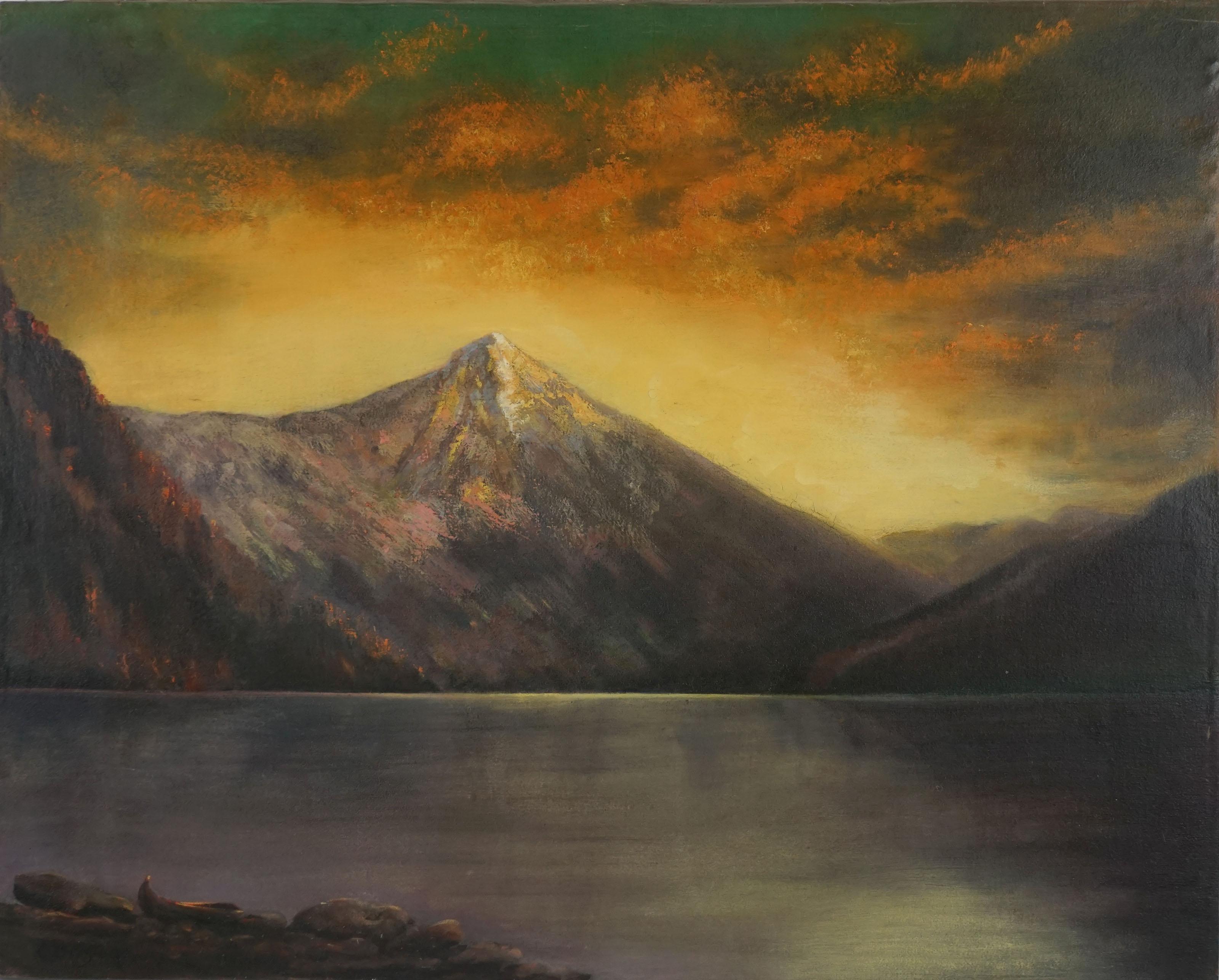 Paesaggio dell'Alaska dei primi del Novecento - Lago fermo con Aurora Boreale - Painting di R Briston