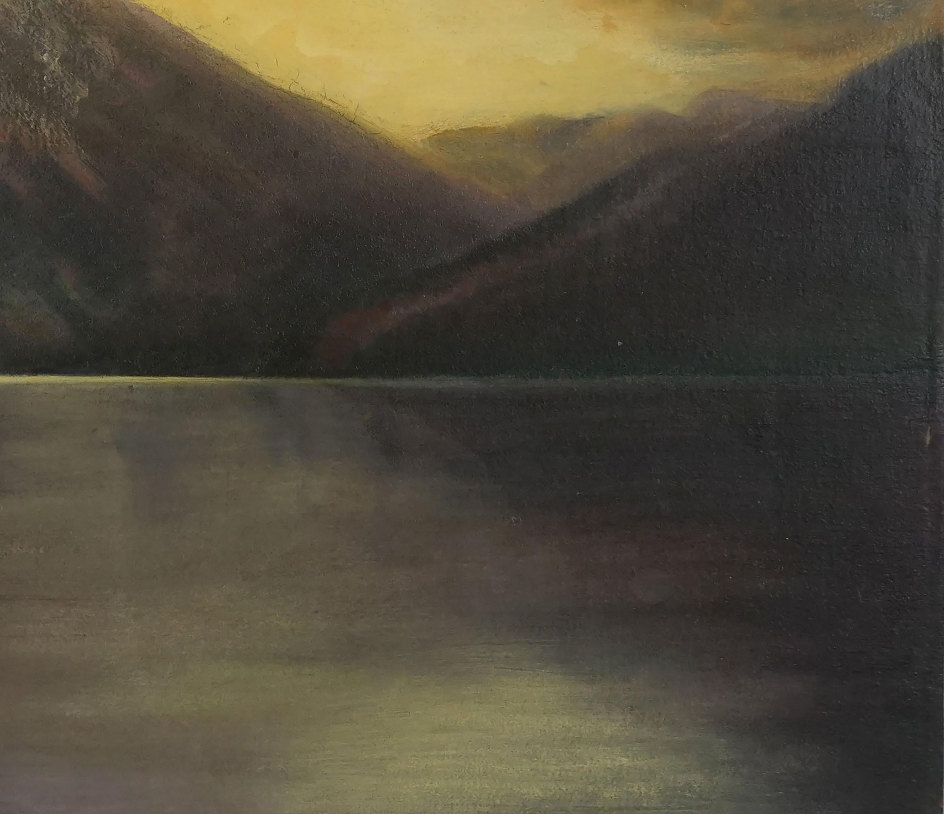 Paesaggio dell'Alaska dei primi del Novecento - Lago fermo con Aurora Boreale - Landscape Painting Marrone di R Briston